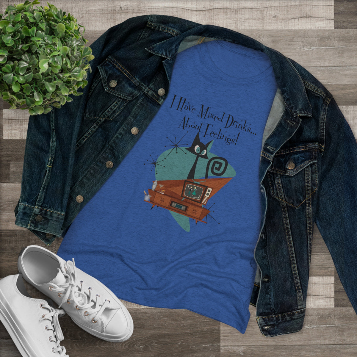 Atomic Kitschy Cat, Funny Cocktail Tee, Mid Century Modern Style Women's Triblend Tee - Mid Century Modern Gal