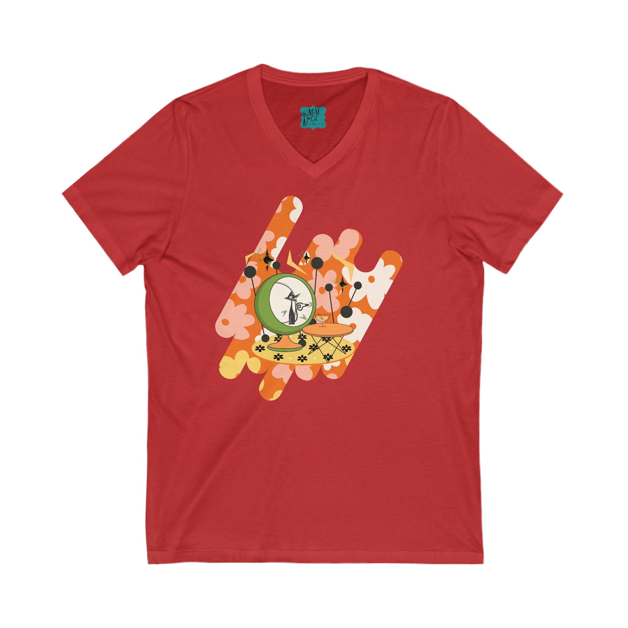 Atomic Cat, Retro Floral V-Neck Tee for Casual Style - Mid Century Modern Gal