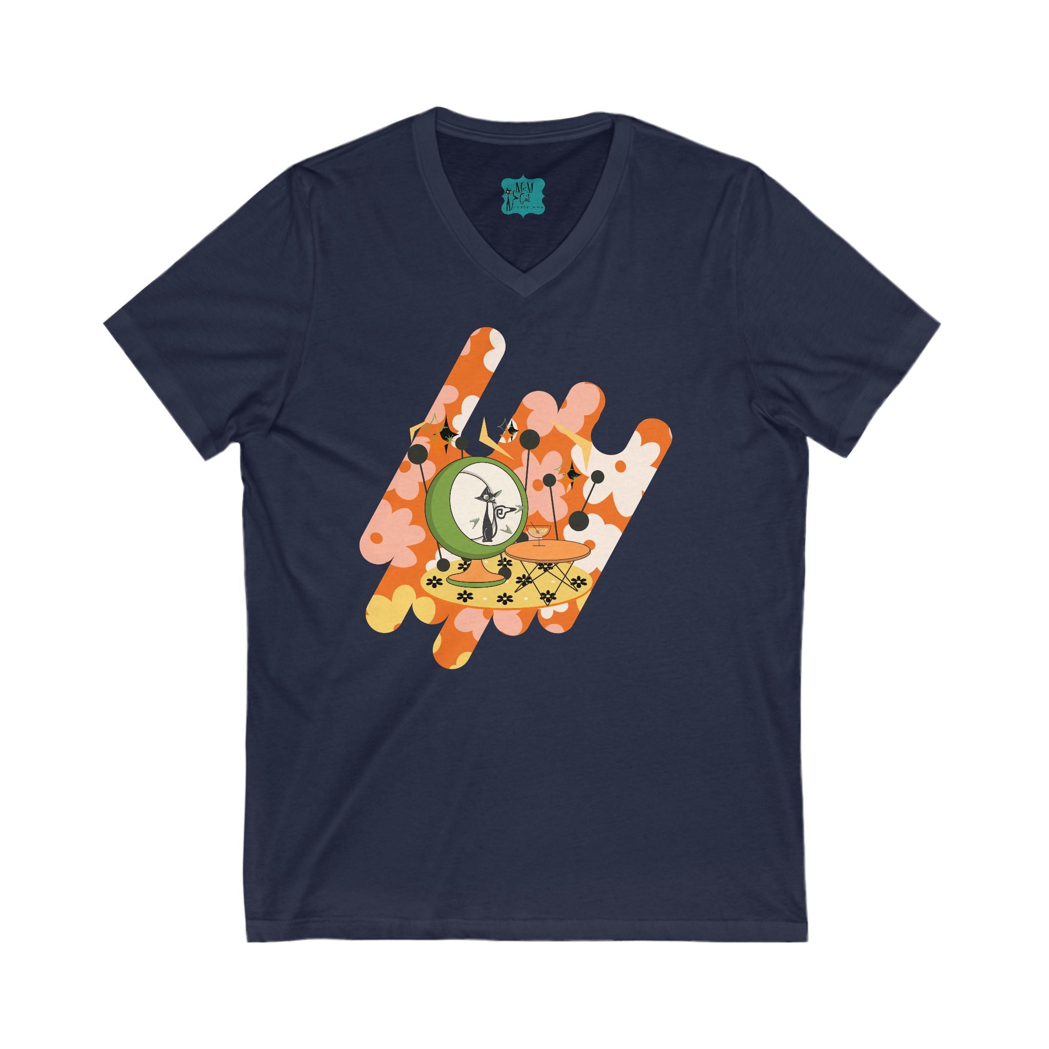 Atomic Cat, Retro Floral V-Neck Tee for Casual Style - Mid Century Modern Gal