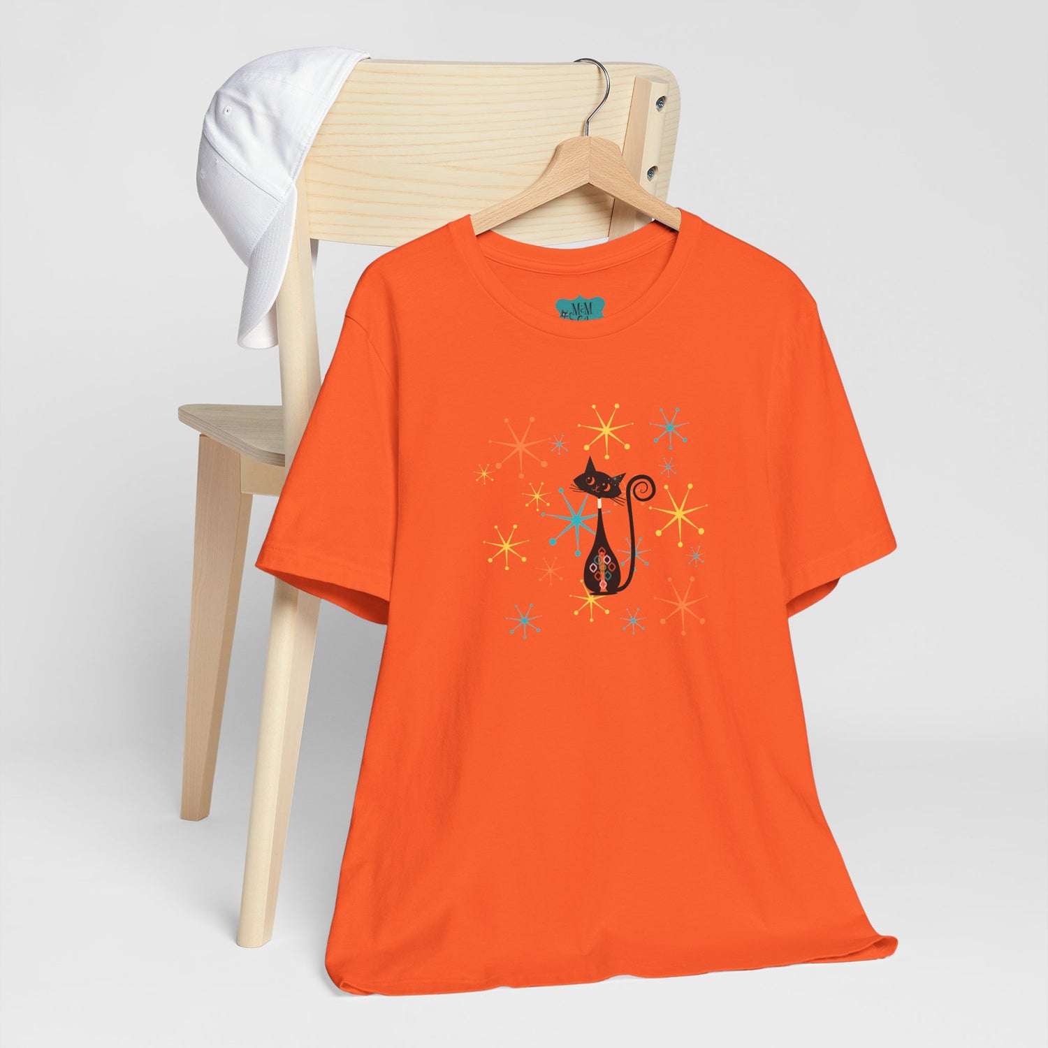 Atomic Cat Mid Century Modern Starburst Whimsical Cat Short Sleeve Tee - Colorful Star Design - Mid Century Modern Gal