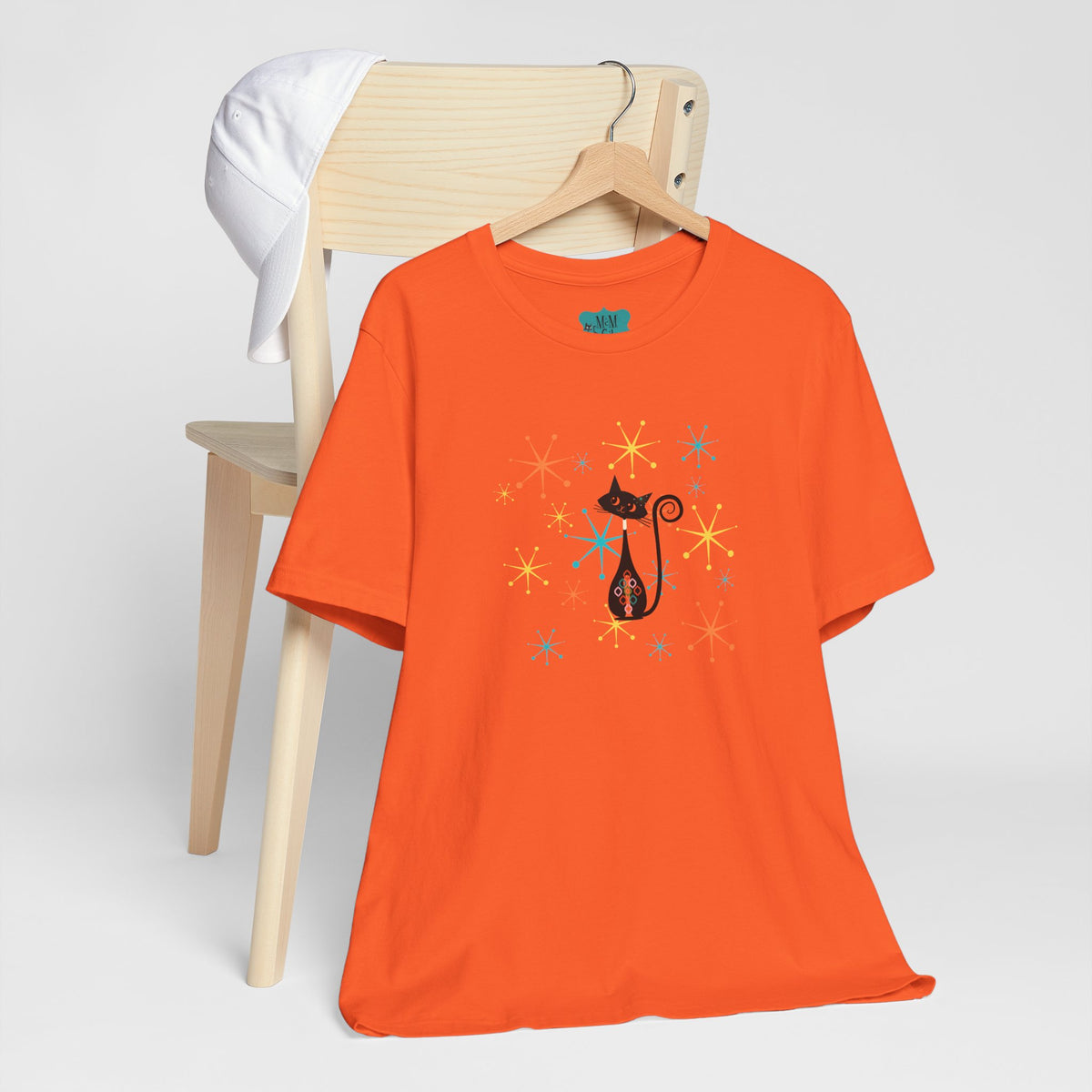 Atomic Cat Mid Century Modern Starburst Whimsical Cat Short Sleeve Tee - Colorful Star Design - Mid Century Modern Gal