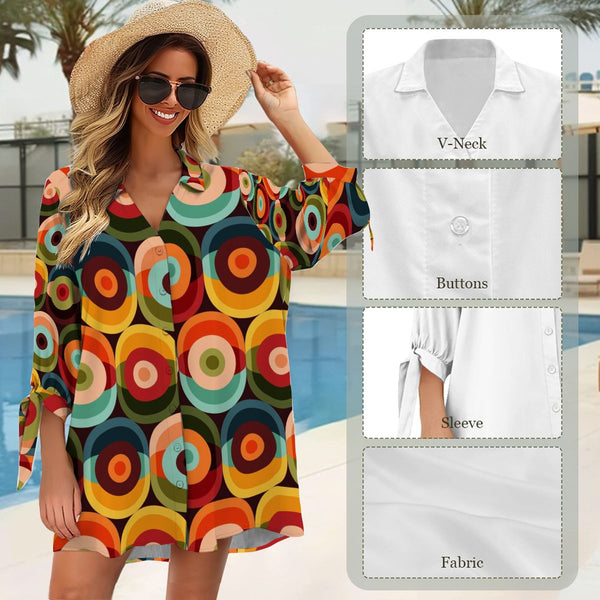 Retro Summer Groovy Mod Cover Up Women's Shirt Three-Quarter Sleeve