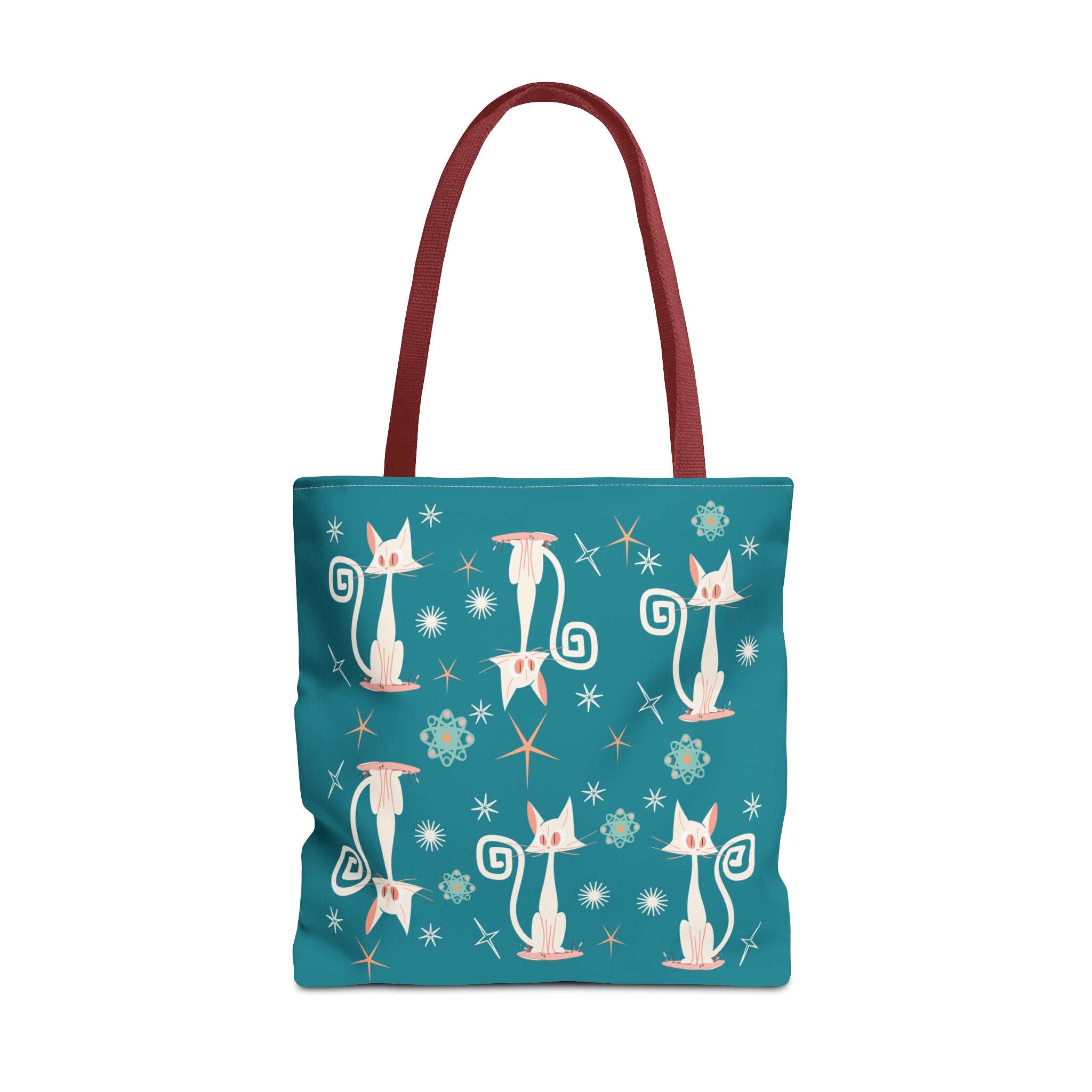Atomic Kitties, White Kitschy Cats, Coral, Teal, Atomic Age Mid Century Modern Tote Bag - Mid Century Modern Gal