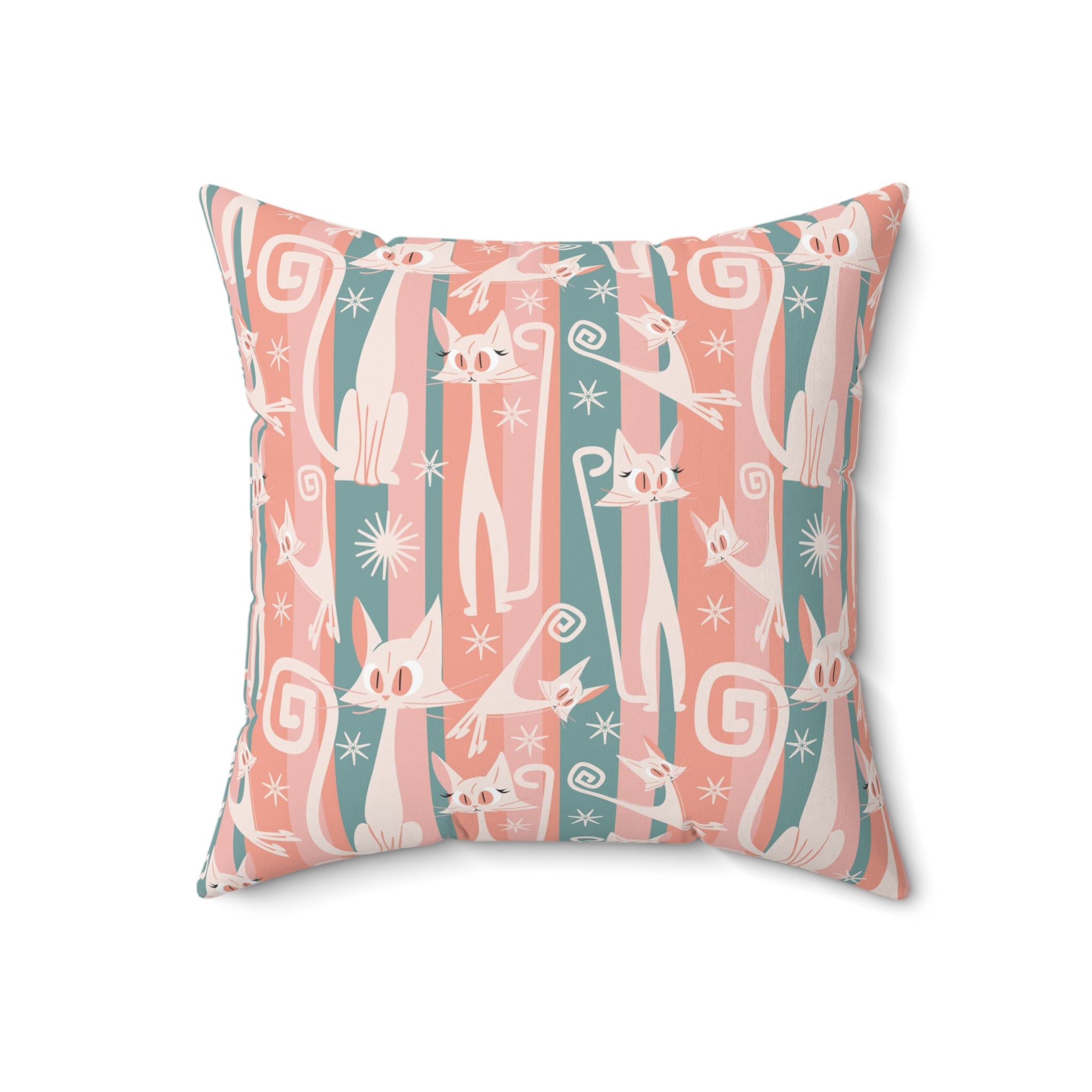 Atomic Cat Coral Pink And Aqua, Kitschy White Kitty Cat, Mid Century Modern Pillow And Insert - Mid Century Modern Gal