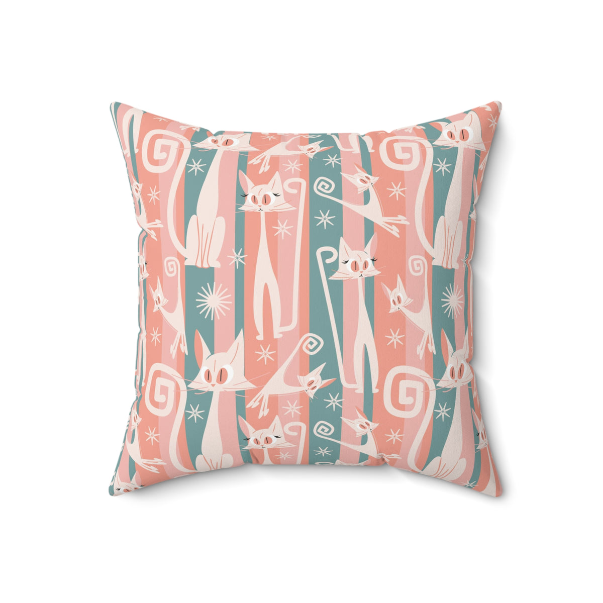 Atomic Cat Coral Pink And Aqua, Kitschy White Kitty Cat, Mid Century Modern Pillow And Insert - Mid Century Modern Gal
