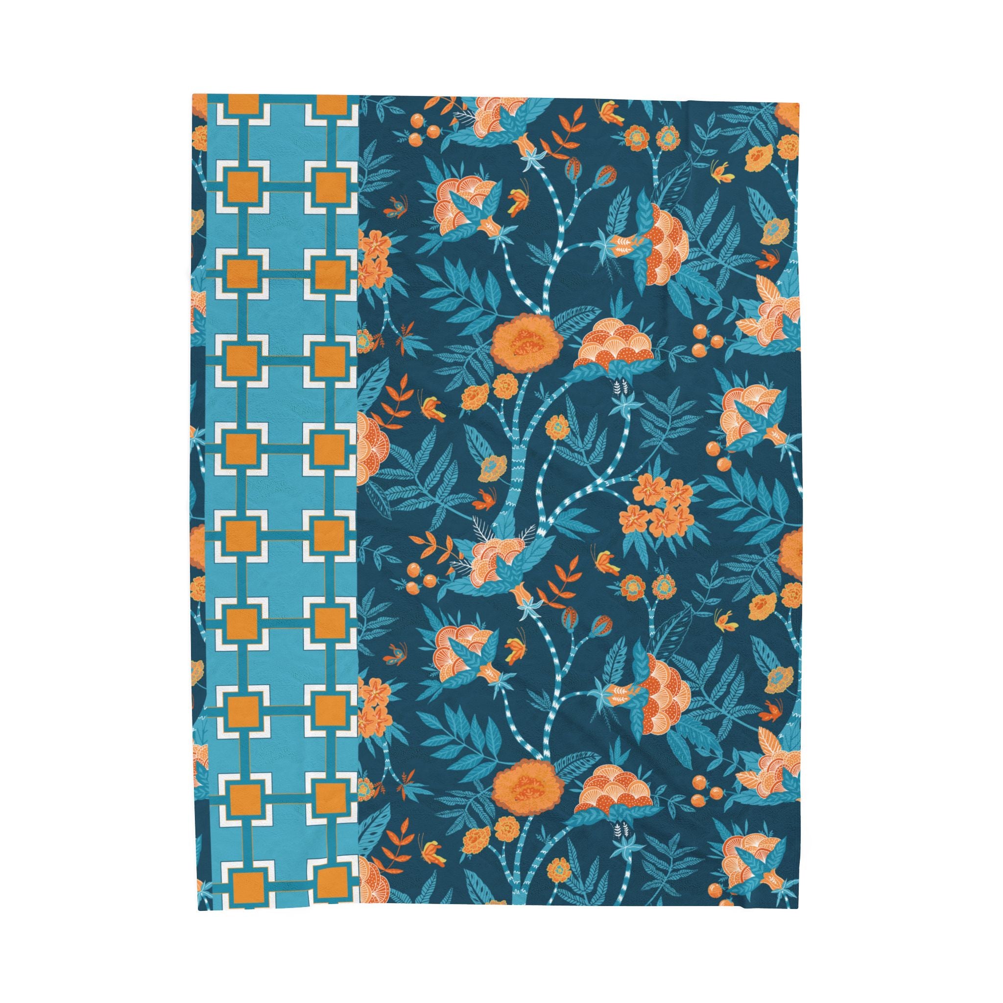 Chinoiserie Throw Blanket Blue, Orange Tropical Floral Velveteen Plush Blanket - Cozy Home Decor for All Seasons - Mid Century Modern Gal