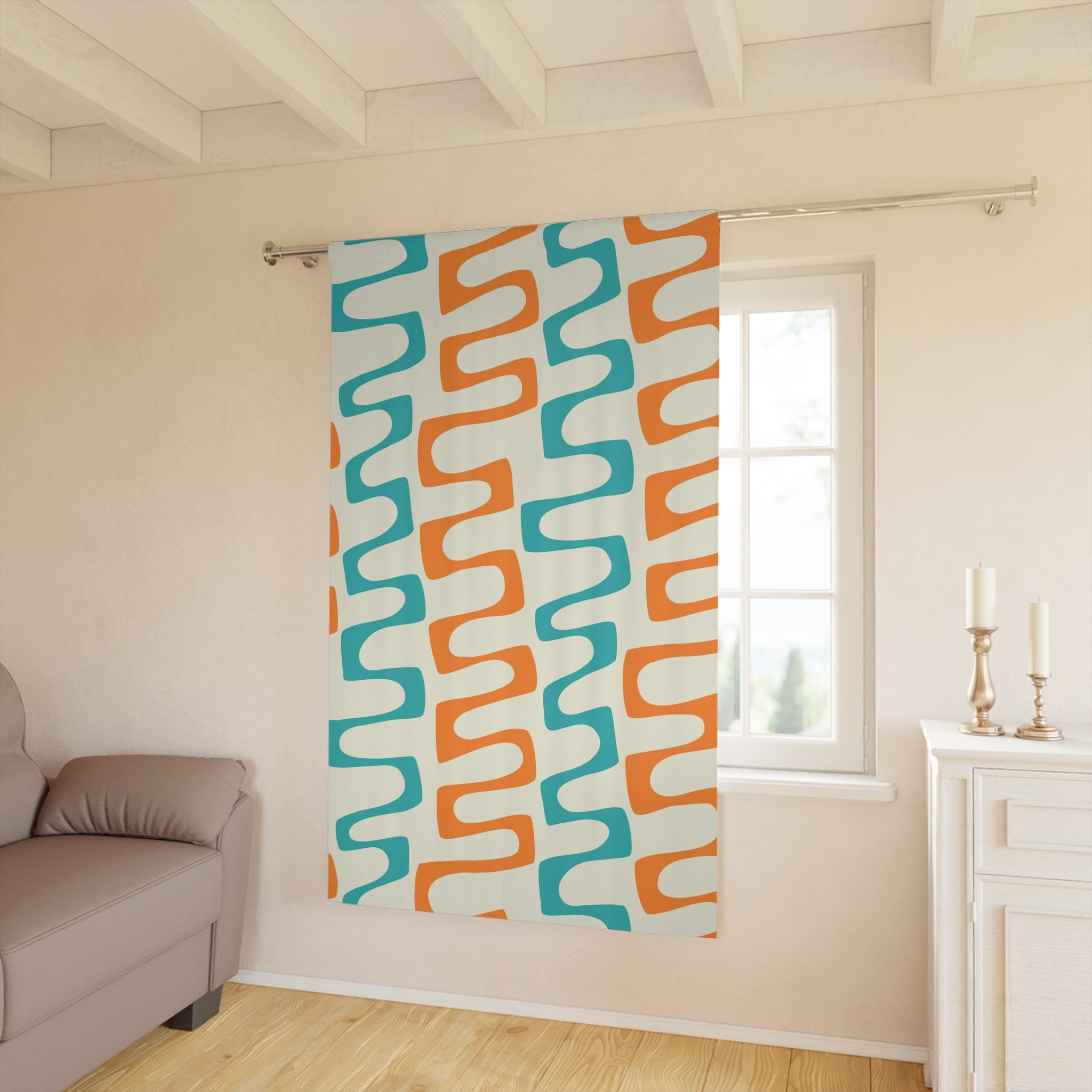 Mid Century Modern Window Curtain, Orange, Teal Geometric Groovy MCM Bedroom, Livingroom Blackout Curtain - Mid Century Modern Gal