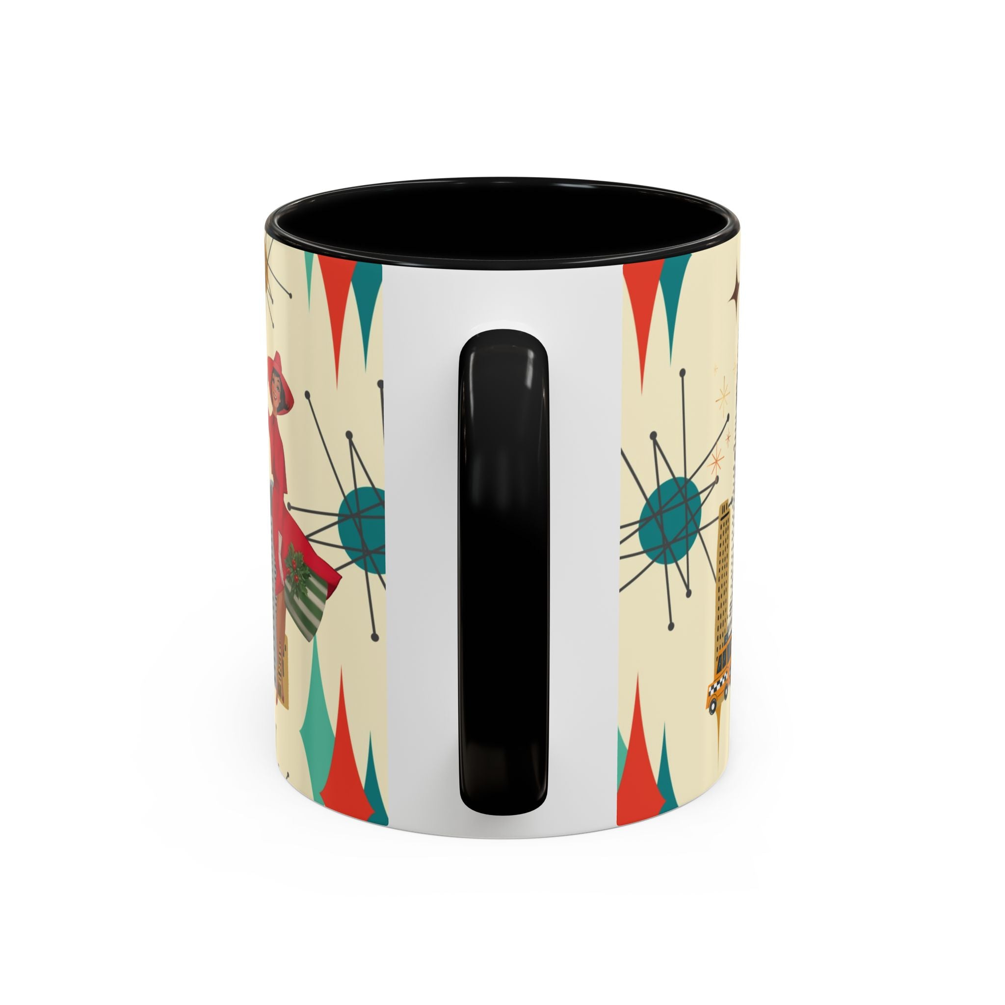 Mid Century Modern Kitschy Christmas Gal, Franciscan Starburst Diamond Retro Chic Accent Coffee Mug - Vintage Cityscape Design - Mid Century Modern Gal