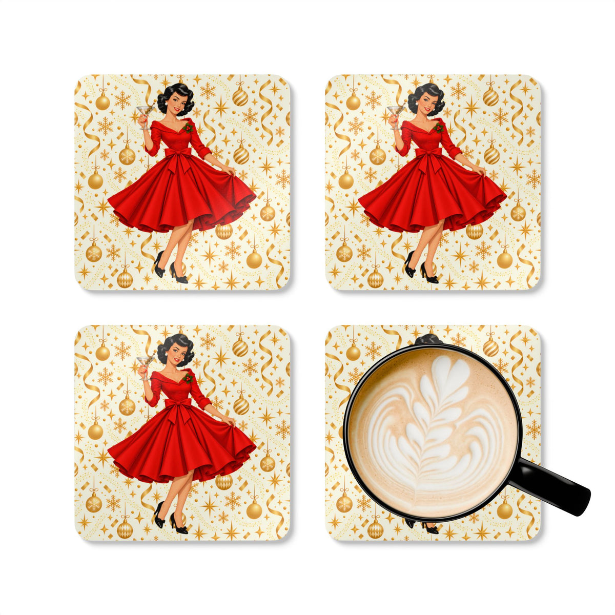 Mid Century Modern Christmas Martini Gal Corkwood Coaster Set