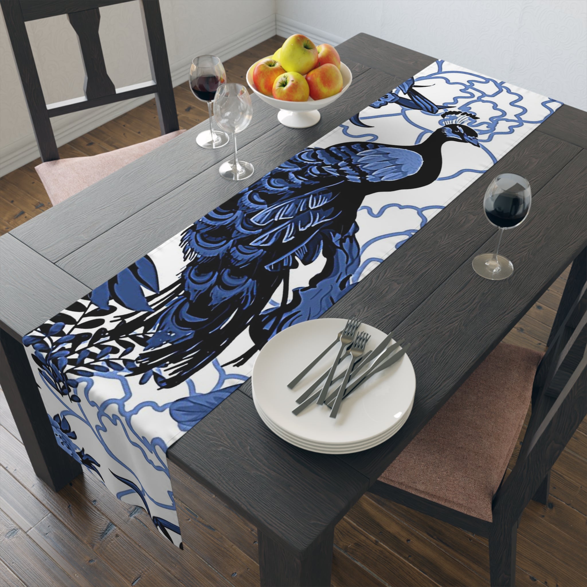 Chinoiserie Table Runner, Blue, White Willow, Peacock, Floral Flourishes, Chinoiserie Collector, Table Setting - Mid Century Modern Gal