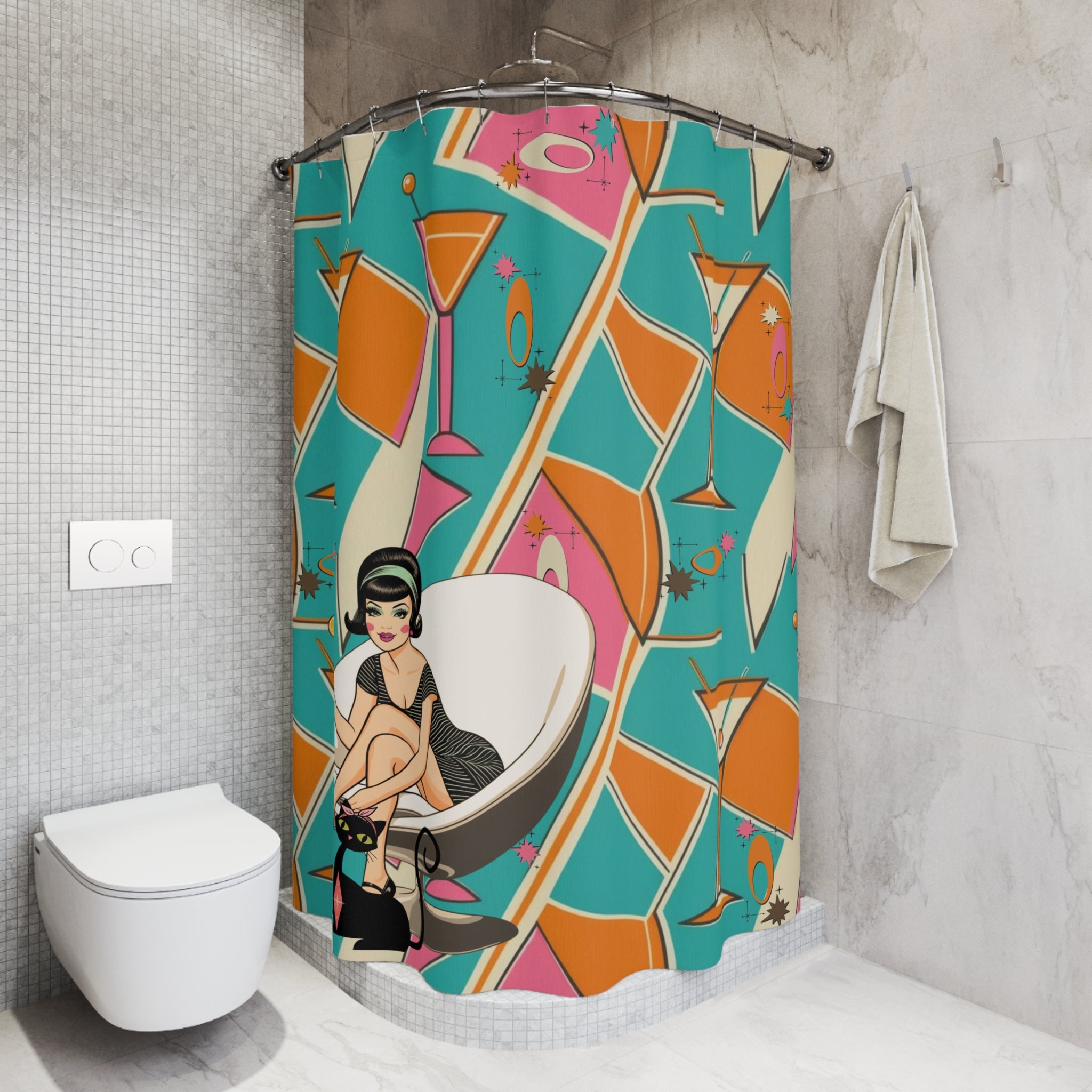 Mid Mod Gal Retro Martini Shower Curtain - Vintage Cocktail Vibes for Fun Bathrooms - Mid Century Modern Gal