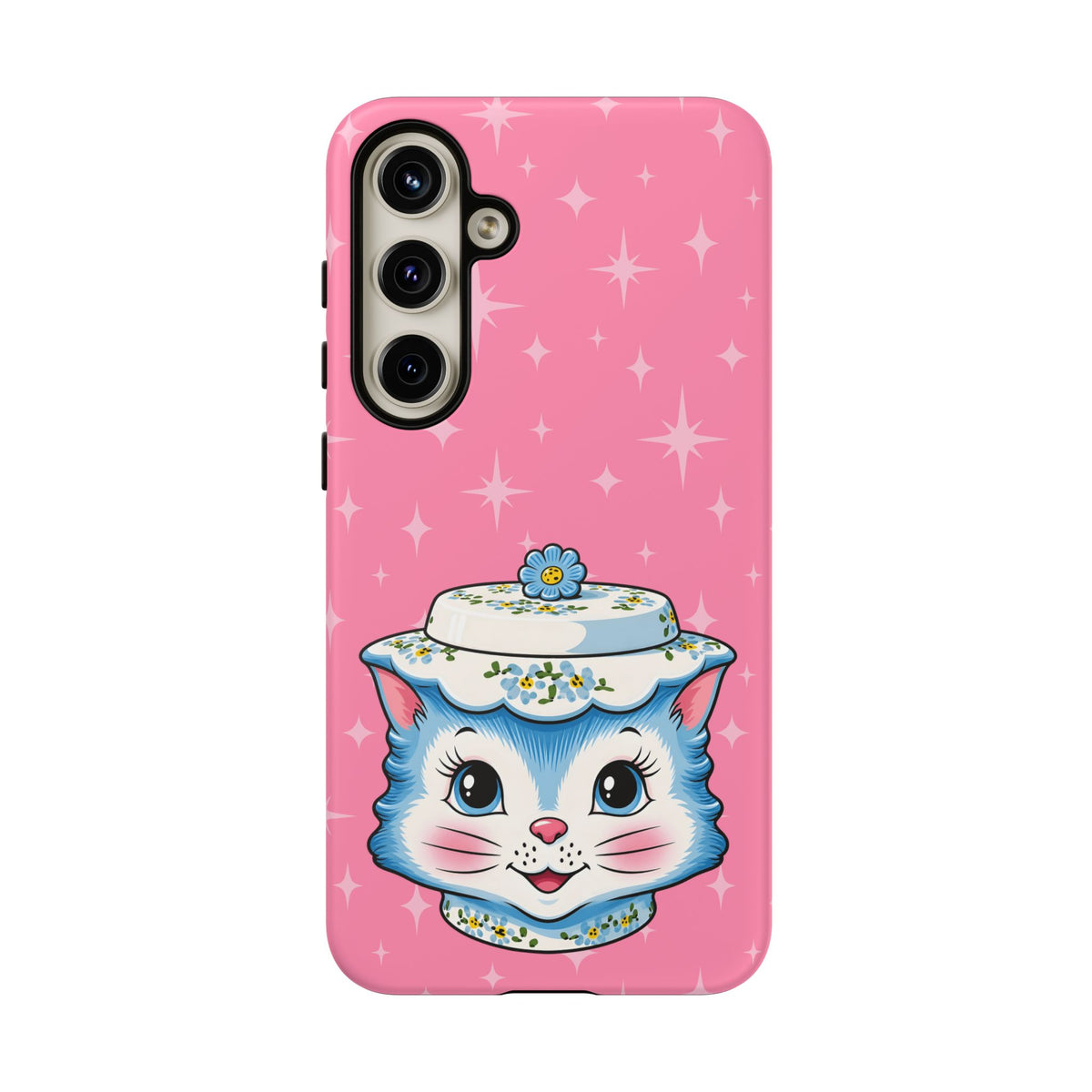 Mid Century Modern Kitschy Anthropomorphic Blue Cat with Floral Hat Tough Phone Case