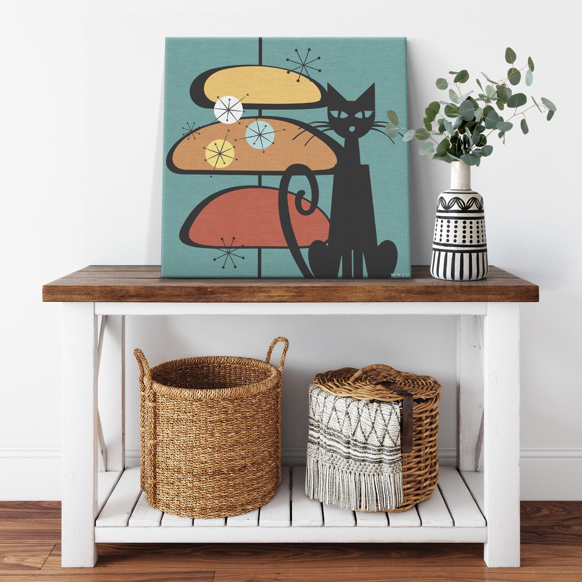 Mid Century Wall Art, Atomic Cat, Teal, Starburst, Sputnik Retro Mod Decor Wall Art 10x10 / .75