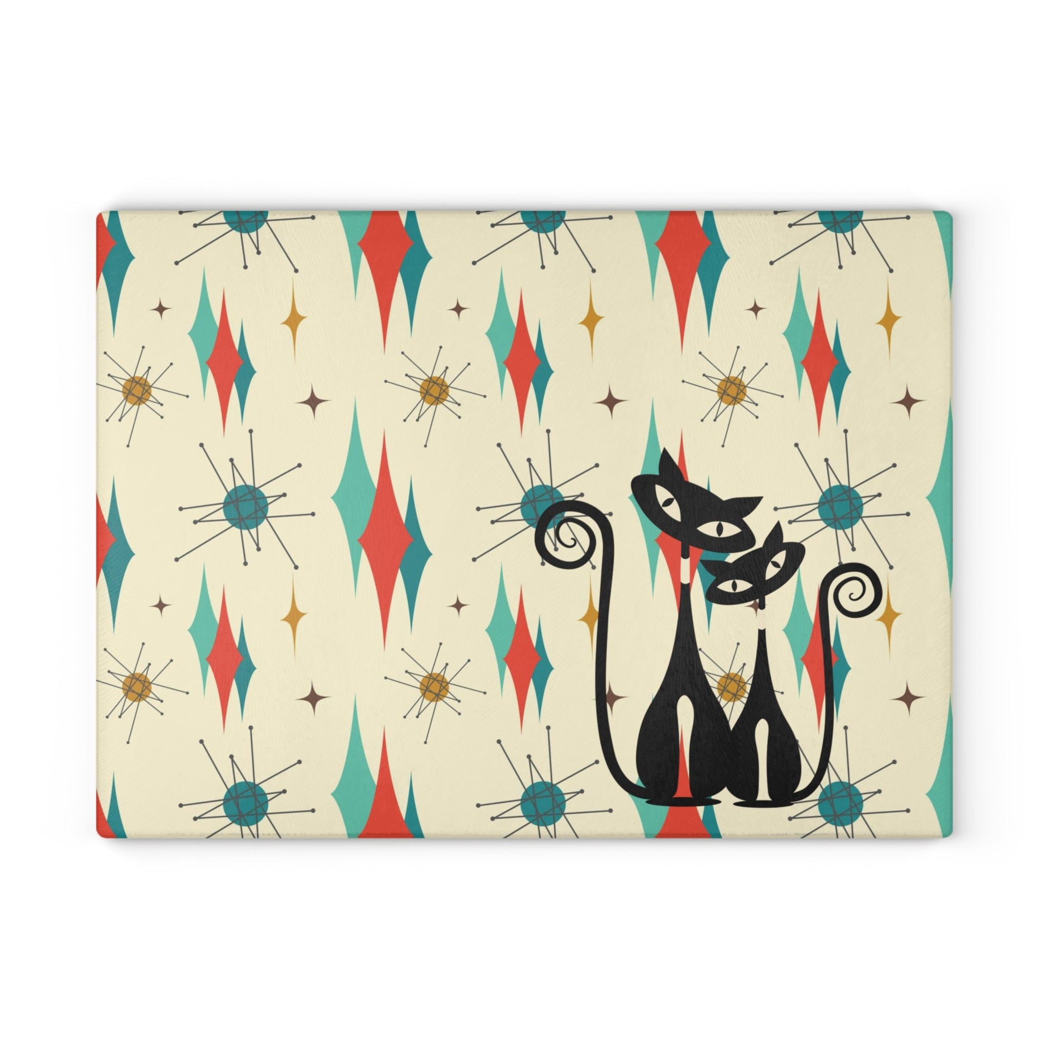 Mid Century Modern Franciscan Starburst, Cool Cats, Retro Couple, Anniversary, Housewarming, Wedding Gift Glass Cutting Board Home Decor 11" x 15" / Rectangle