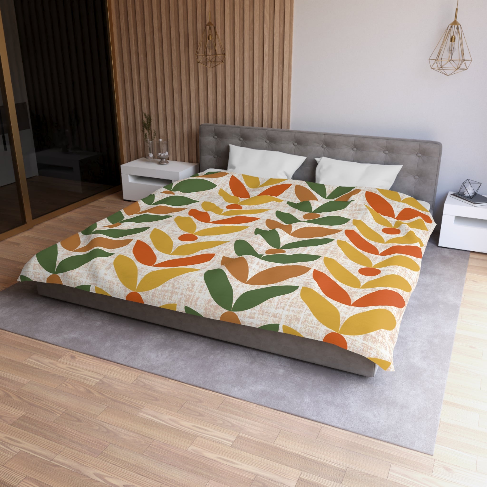 Retro Scandinavian Floral, Orange, Mustarned Camel Brown, Green Duvet Cover - Bohemian Home Decor - Mid Century Modern Gal