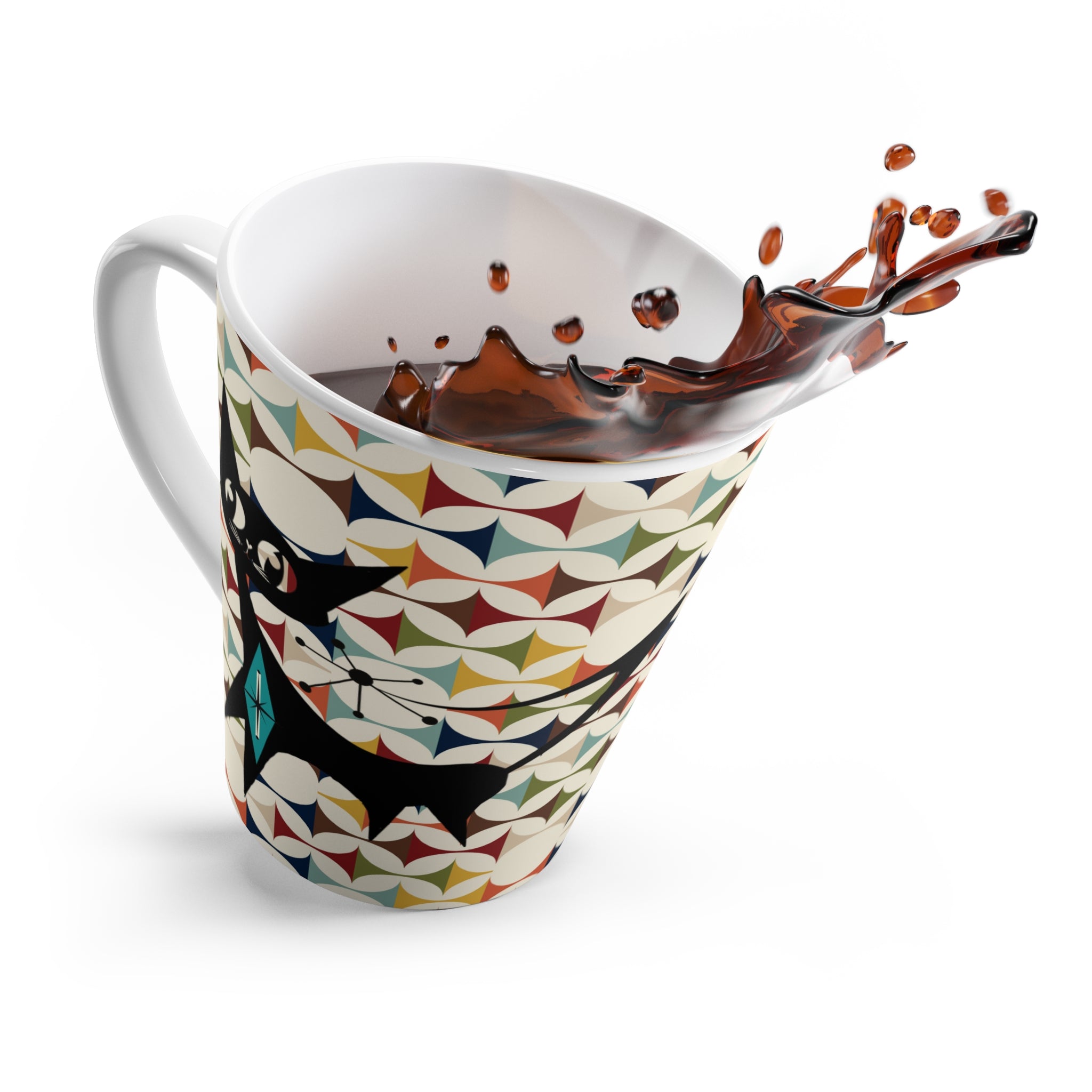 Retro Scandinvian Colorful Atomic Cat Latte Mug - Perfect for Cat Lovers and Cozy Mornings - Mid Century Modern Gal