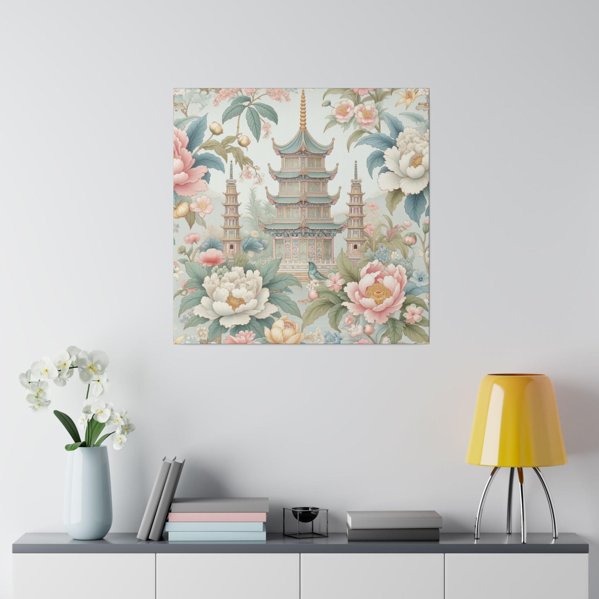 Chinoisere Wall Art, Beautiful Exotic Pagoda, Pastels, Florals, Roses, Blue Birds, Southern Home Style Wall Art - Mid Century Modern Gal