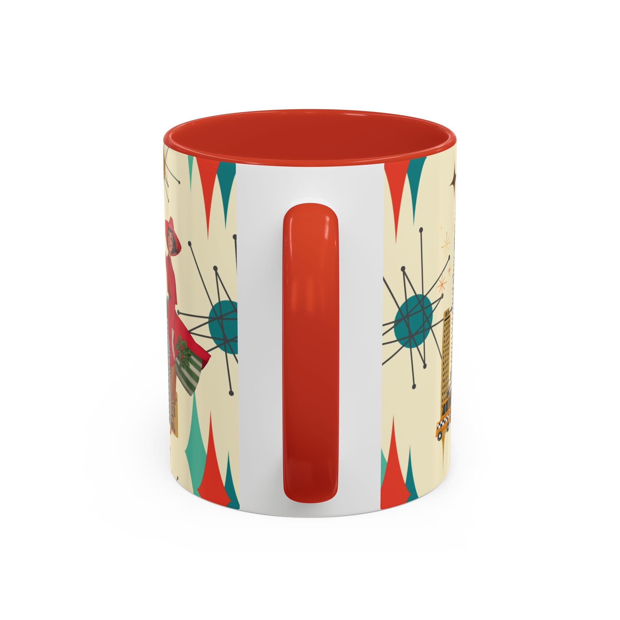 Mid Century Modern Kitschy Christmas Gal, Franciscan Starburst Diamond Retro Chic Accent Coffee Mug - Vintage Cityscape Design - Mid Century Modern Gal