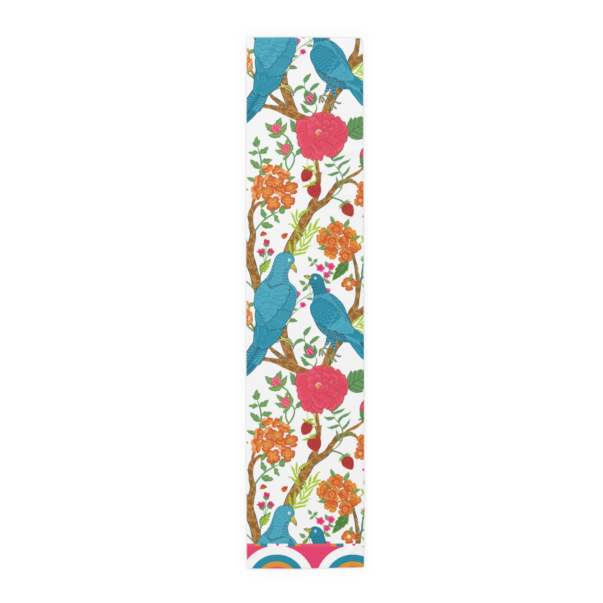 Exotic Birds In Paradise, Pink Golden, Blue Chinoiserie Table Runner - Mid Century Modern Gal