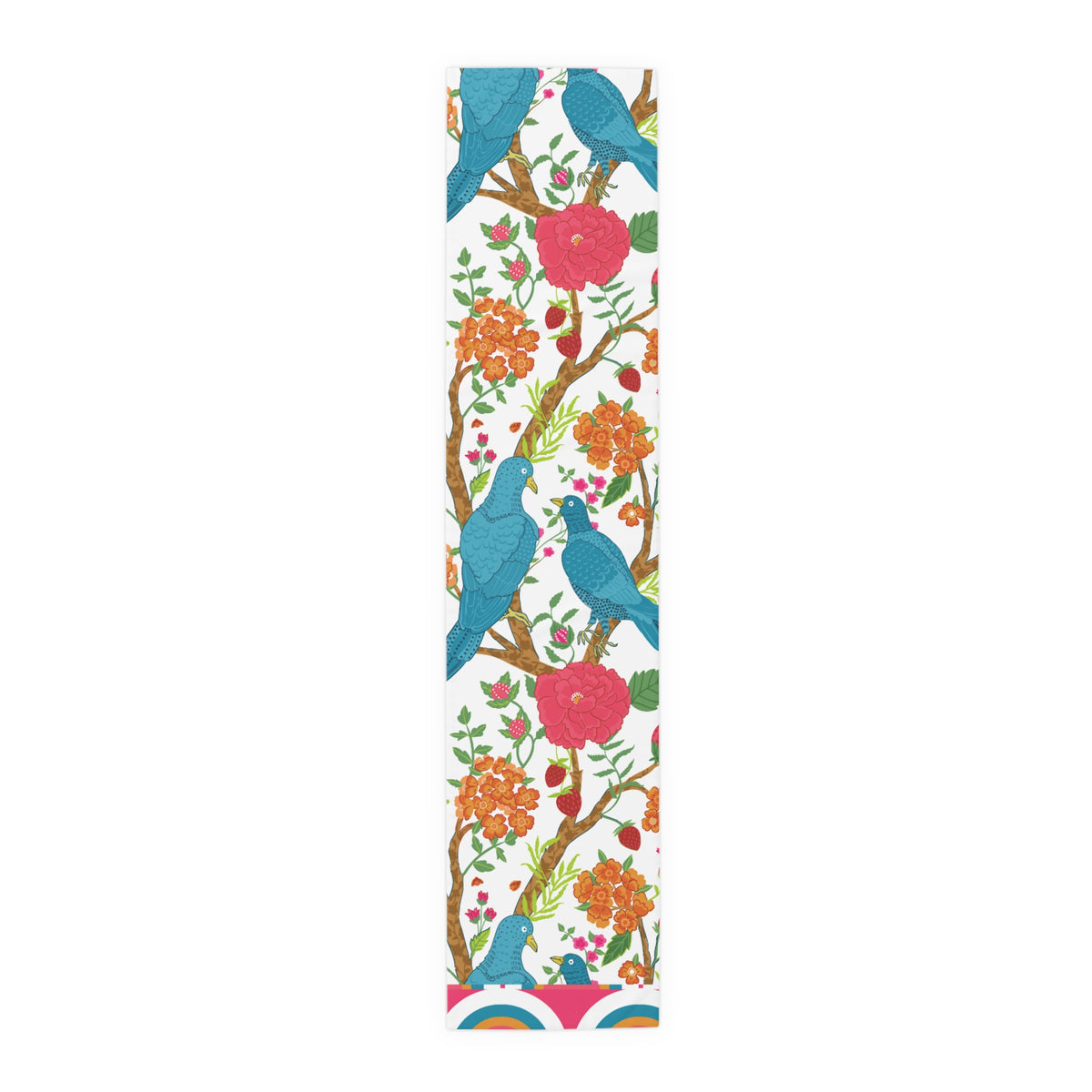 Exotic Birds In Paradise, Pink Golden, Blue Chinoiserie Table Runner - Mid Century Modern Gal