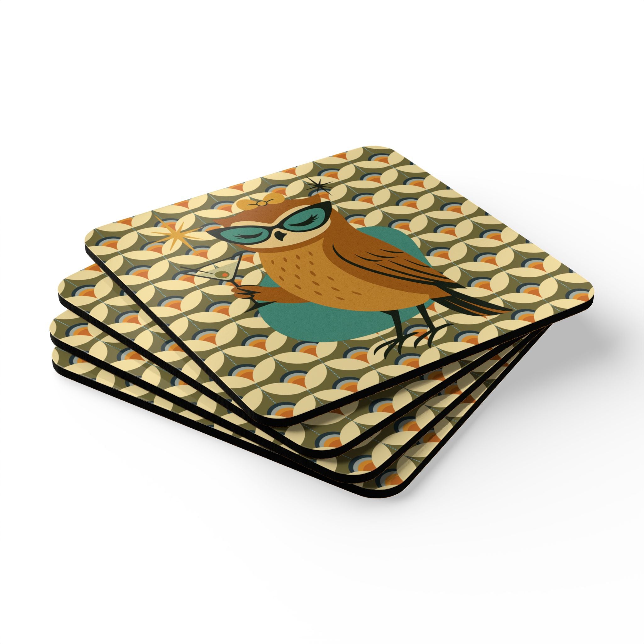 Retro Owl Cocktail Hour, Mid Century Modern Scandinavian Designed MCM Barware Corkwood Coaster Set - Mid Century Modern Gal