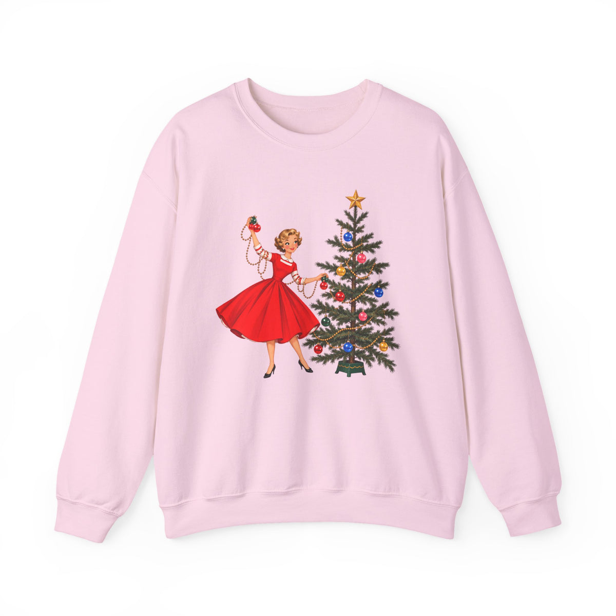 Mid Century Modern Gal Decorating Christmas Tree Unisex Heavy Blend™ Crewneck Sweatshirt - Mid Century Modern Gal