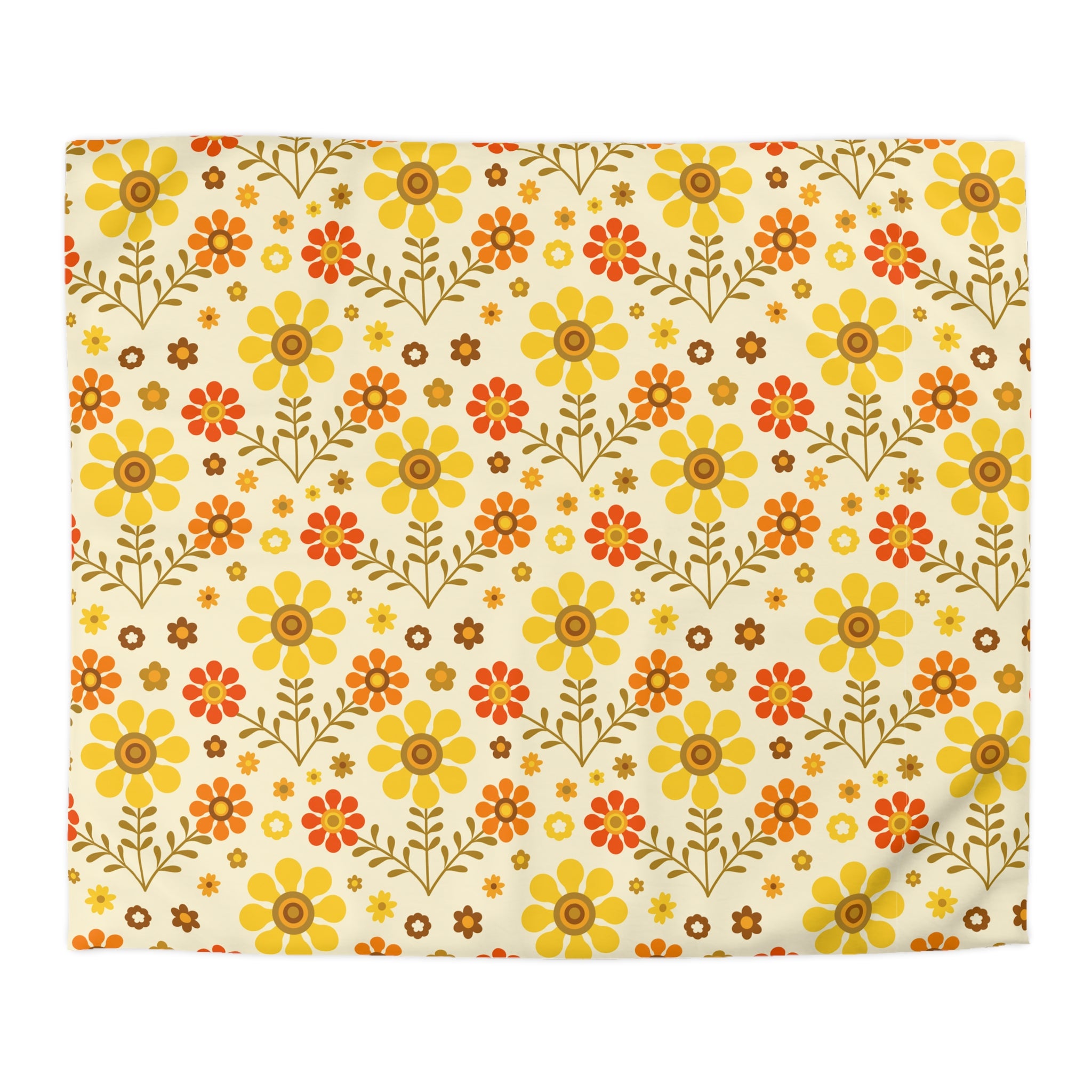 70s Flower Power Orange, Yellow Soft Daisy Retro Duvet Cover Duvet Cover - Mid Century Modern Gal