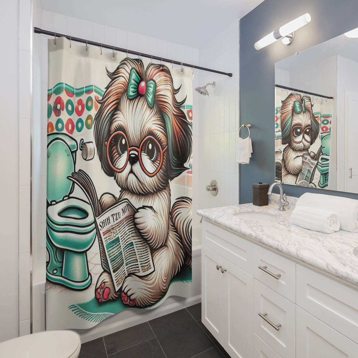 Funny Shih Tzu Retro Mod Shower Curtain, I Shih Tzu Not Bathroom Decor - Mid Century Modern Gal