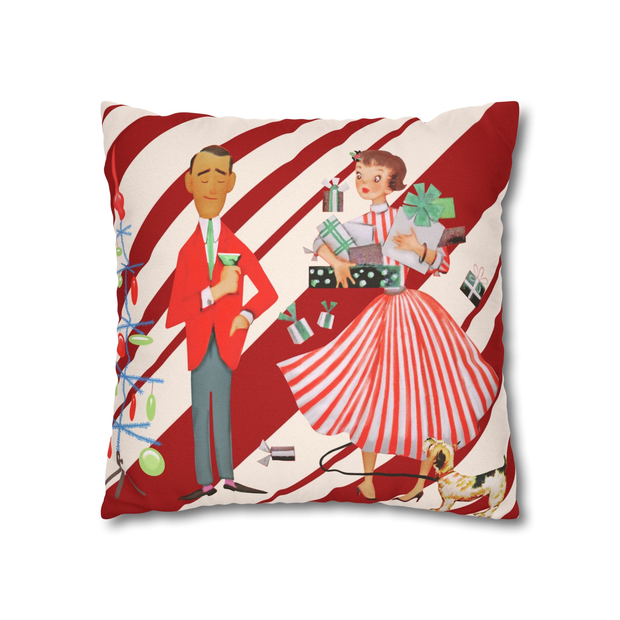 Retro Vintage Christmas Pillow Cover, Red And White Candy Cane Striped, Mid Century Modern Christmas Card Kitschy Holiday Throw - Mid Century Modern Gal