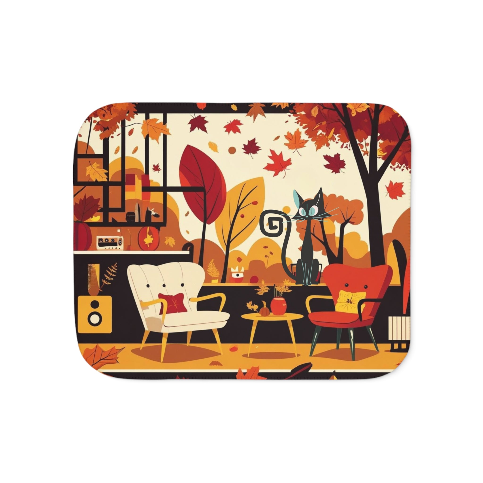 Scandinavian Fall Halloween Atomic Cat Cozy Seasonal Sherpa Blanket - Mid Century Modern Gal