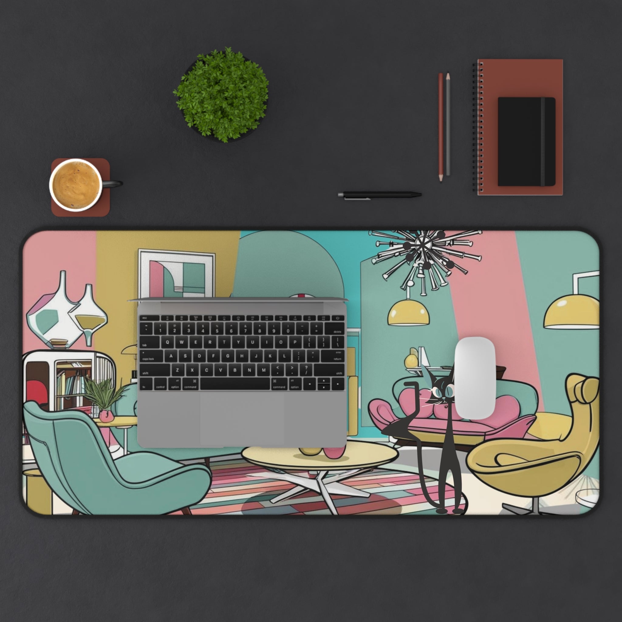 Mid-Century Modern Atomic Kitschy Cats Desk Mat - Stylish Home Office Decor - Mid Century Modern Gal