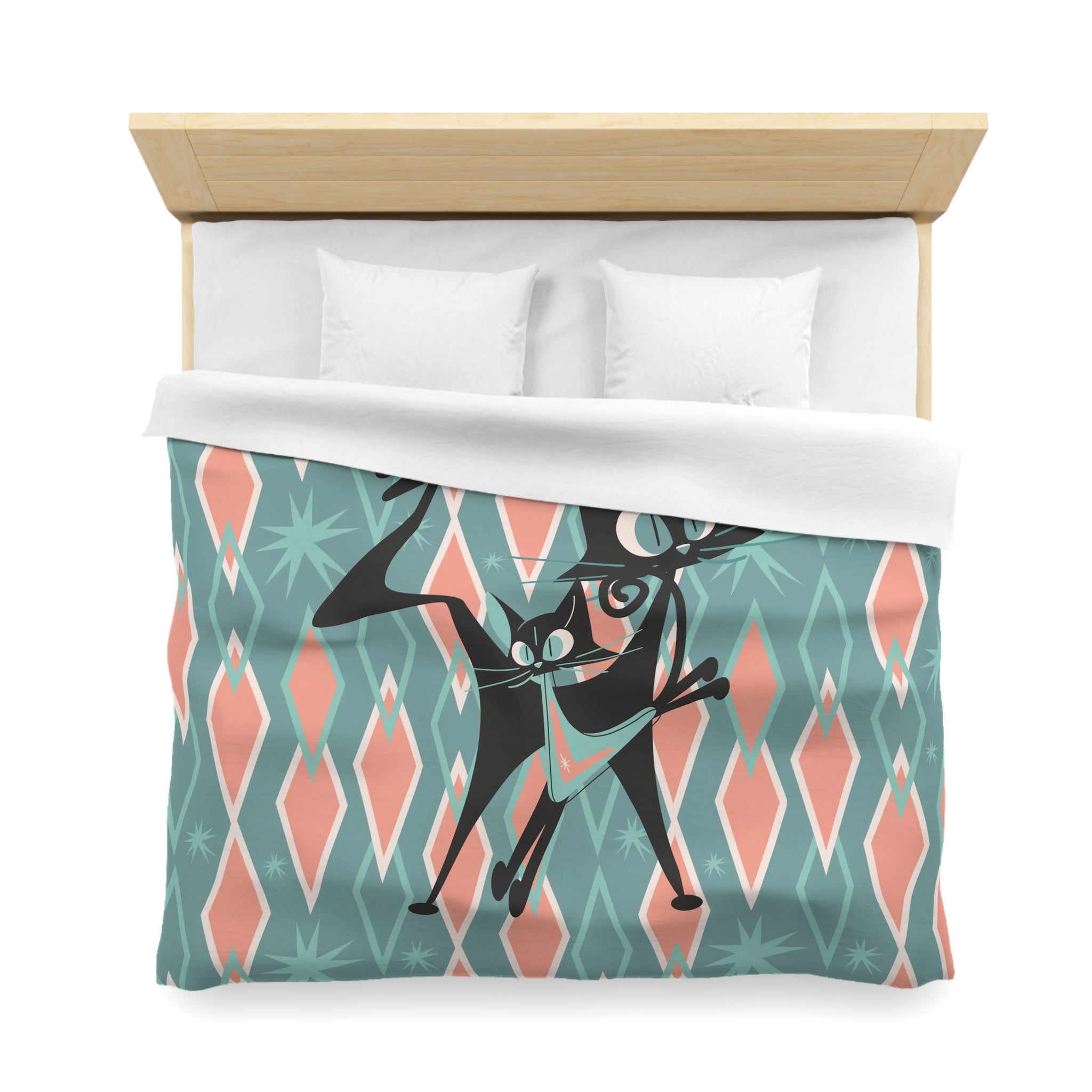 Atomic Cats Bedding, Pink, Aqua Harlequin Diamonds, Mid Century Moden Duvet Cover - Mid Century Modern Gal