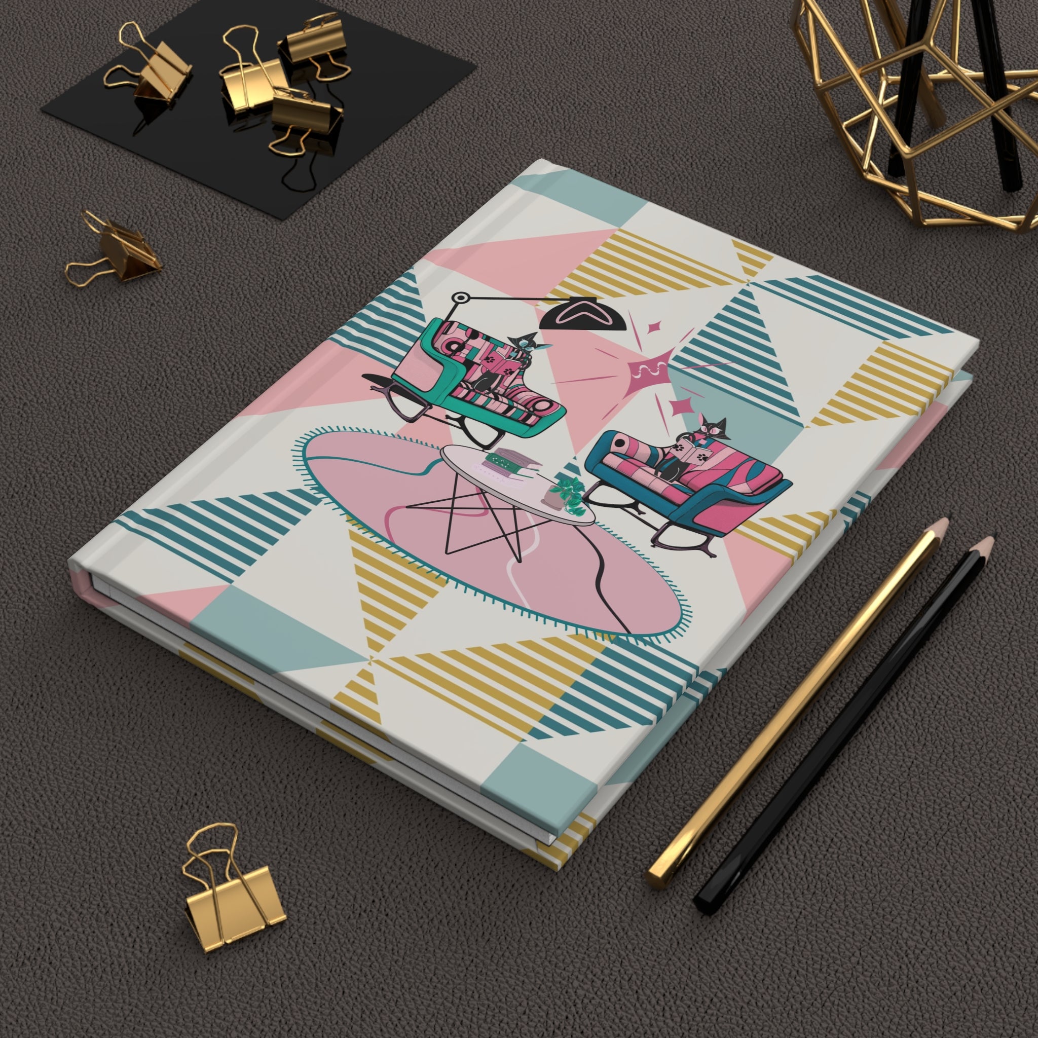 Reading Cats, Kitschy Mid Mod Geometric Patterned Hardcover Journal for Creative Thinking - Mid Century Modern Gal