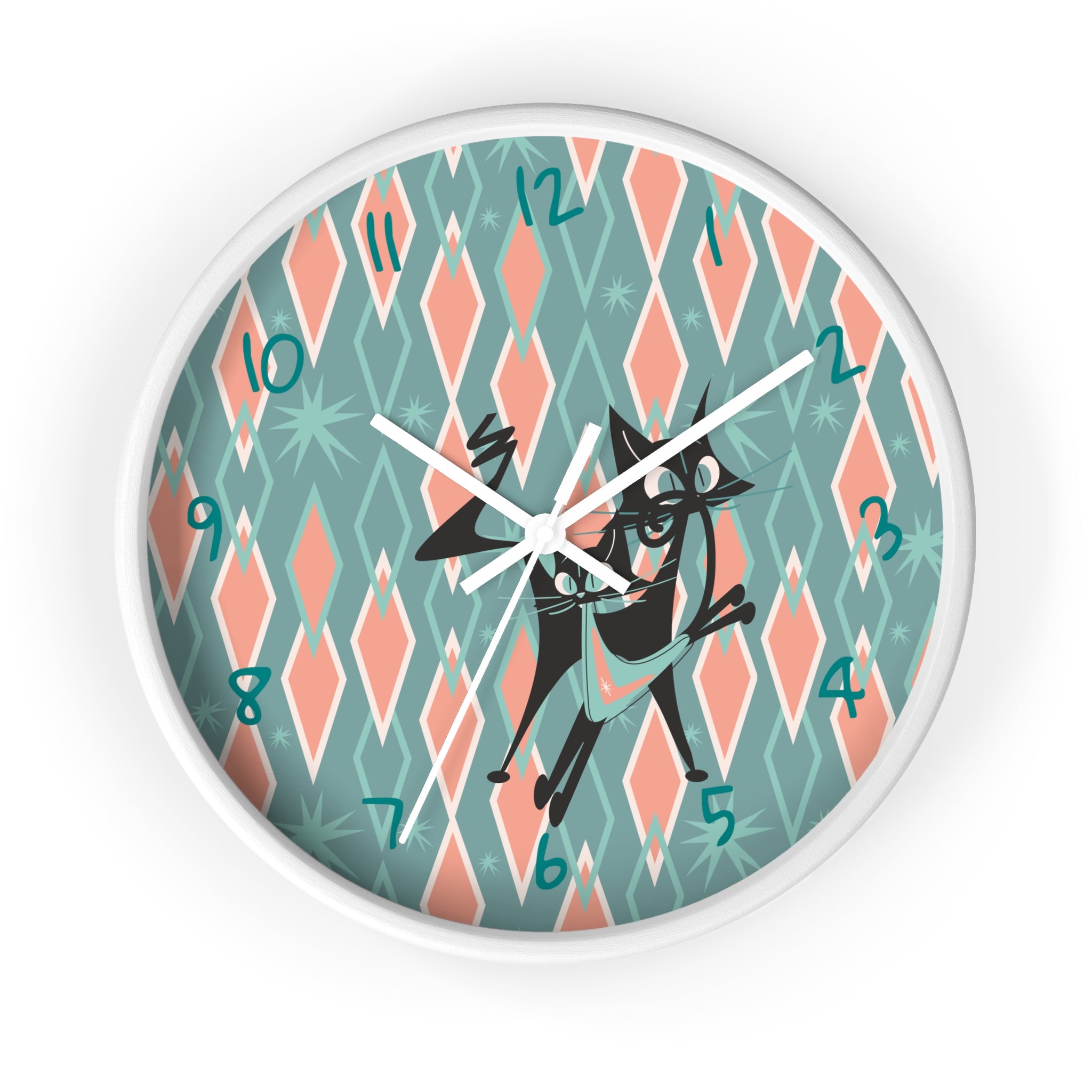 Retro Kitchen Wall Clock For Atomic Cat Black Cat Lovers, Mid Century Modern Designed, Teal, Pink Harlequin Diamond Designed MCM Clock - Mid Century Modern Gal