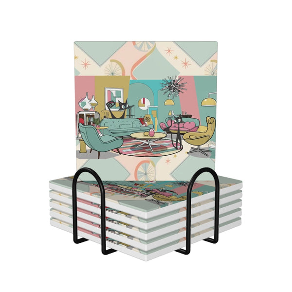 Atomic Cat, Mid Century Modern Quirky Kitschy Cats Square Ceramic Coasters Set of 6