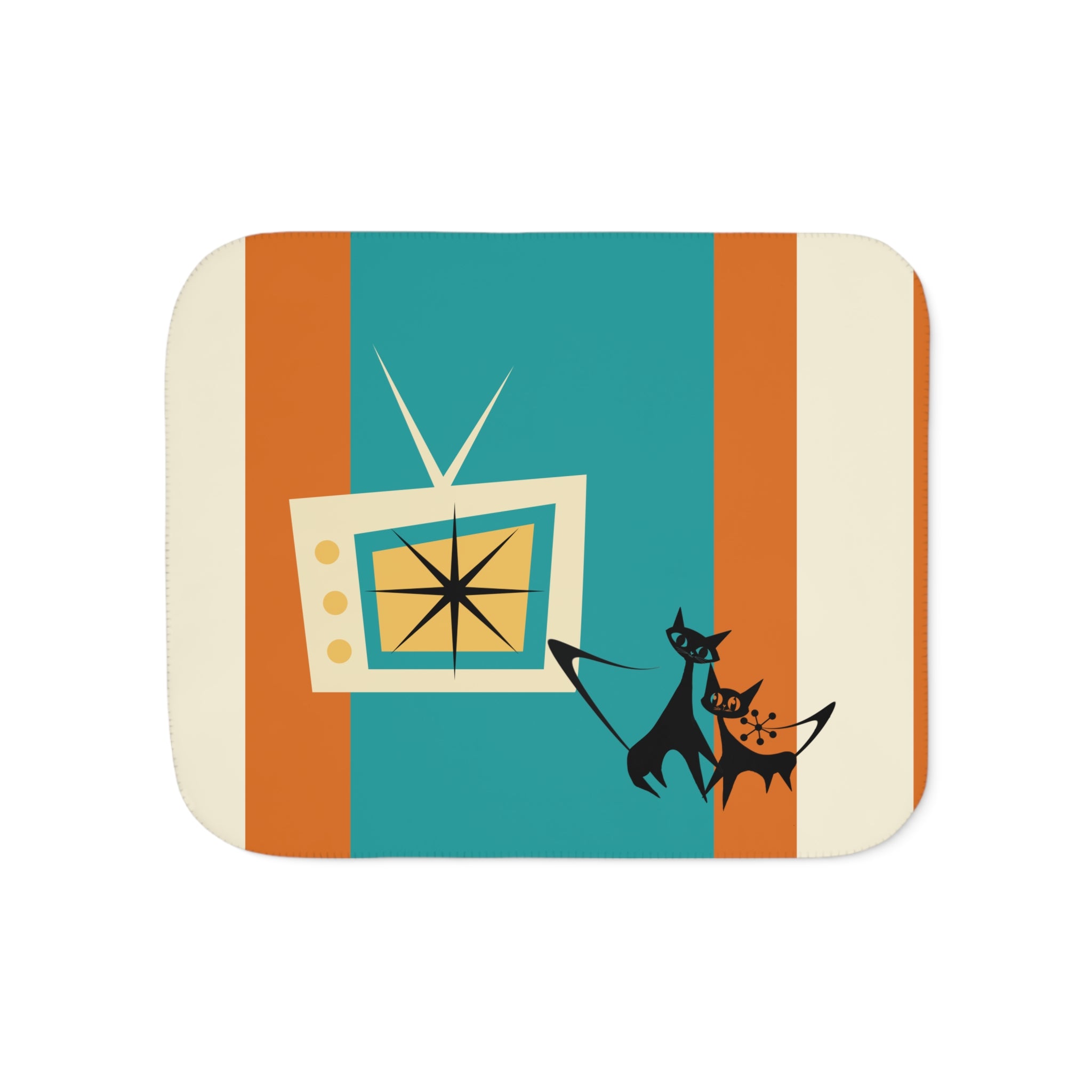Atomic Kittie Cats, Mid Century Modern Teal, Orange Retro Cozy Cat-Themed Sherpa Blanket - Mid Century Modern Gal