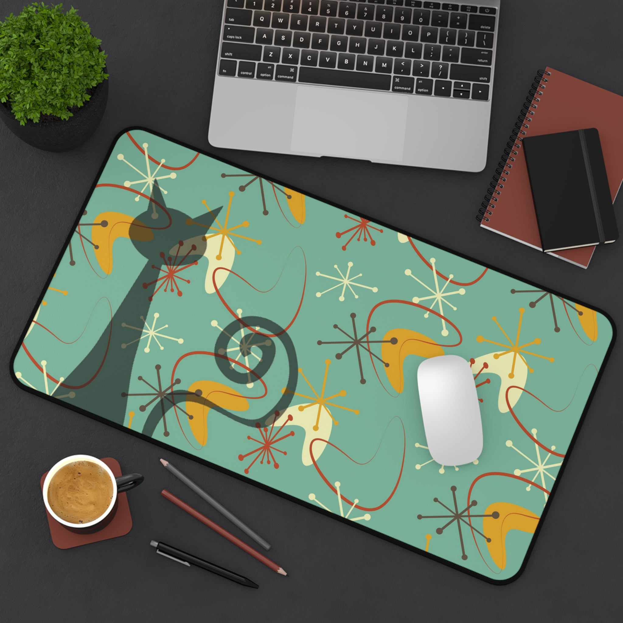Atomic Cat Boomerang Retro Mid Century Modern Green, Brown, Yellow, Beige MCM Home Decor Desk Mat - Mid Century Modern Gal