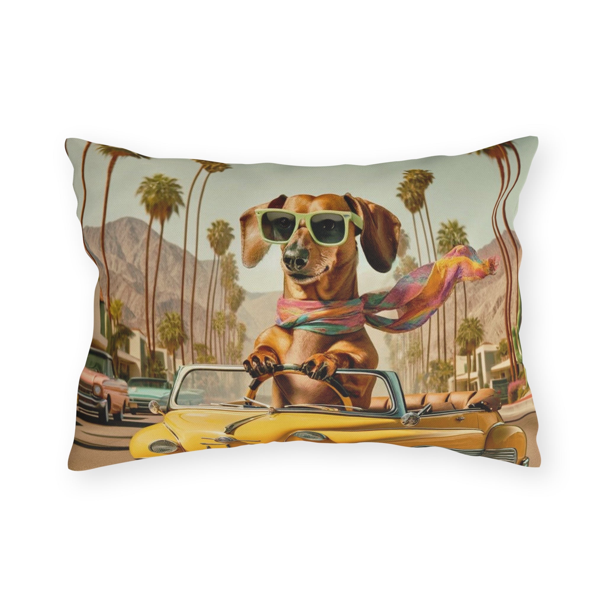 Doxie Dog, Retro Palm Springs Cali Kitschy Fun Outdoor Pillows - Mid Century Modern Gal