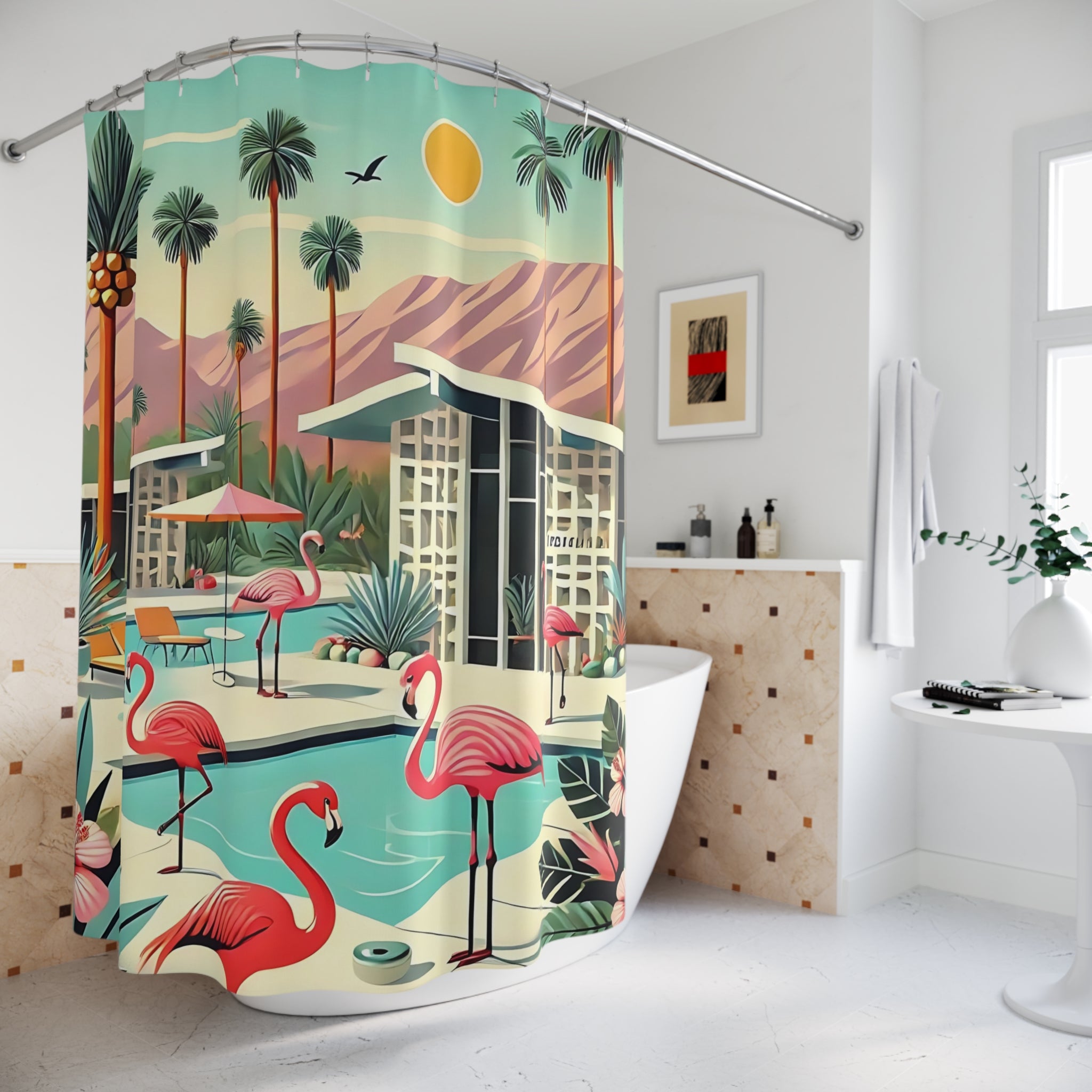 Mid Century Modern 50s Tropical Flamingo Shower Curtains - Mid-Century Modern Bathroom Décor - Mid Century Modern Gal