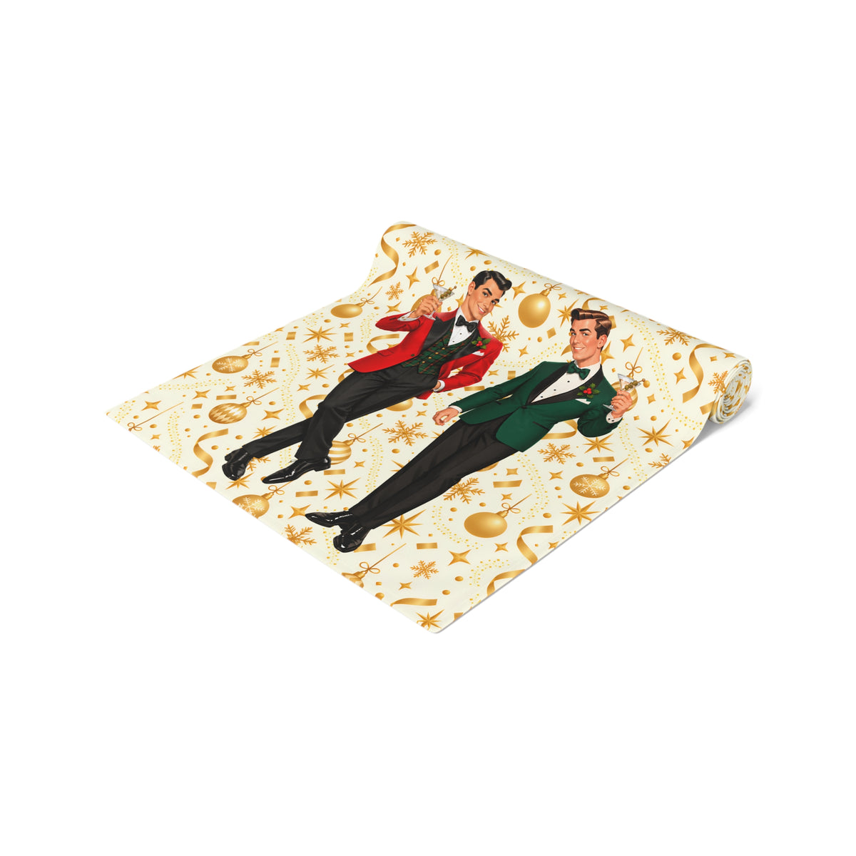 Mid Century Modern Christmas Martini Dapper Gay Male Couple Table Runner