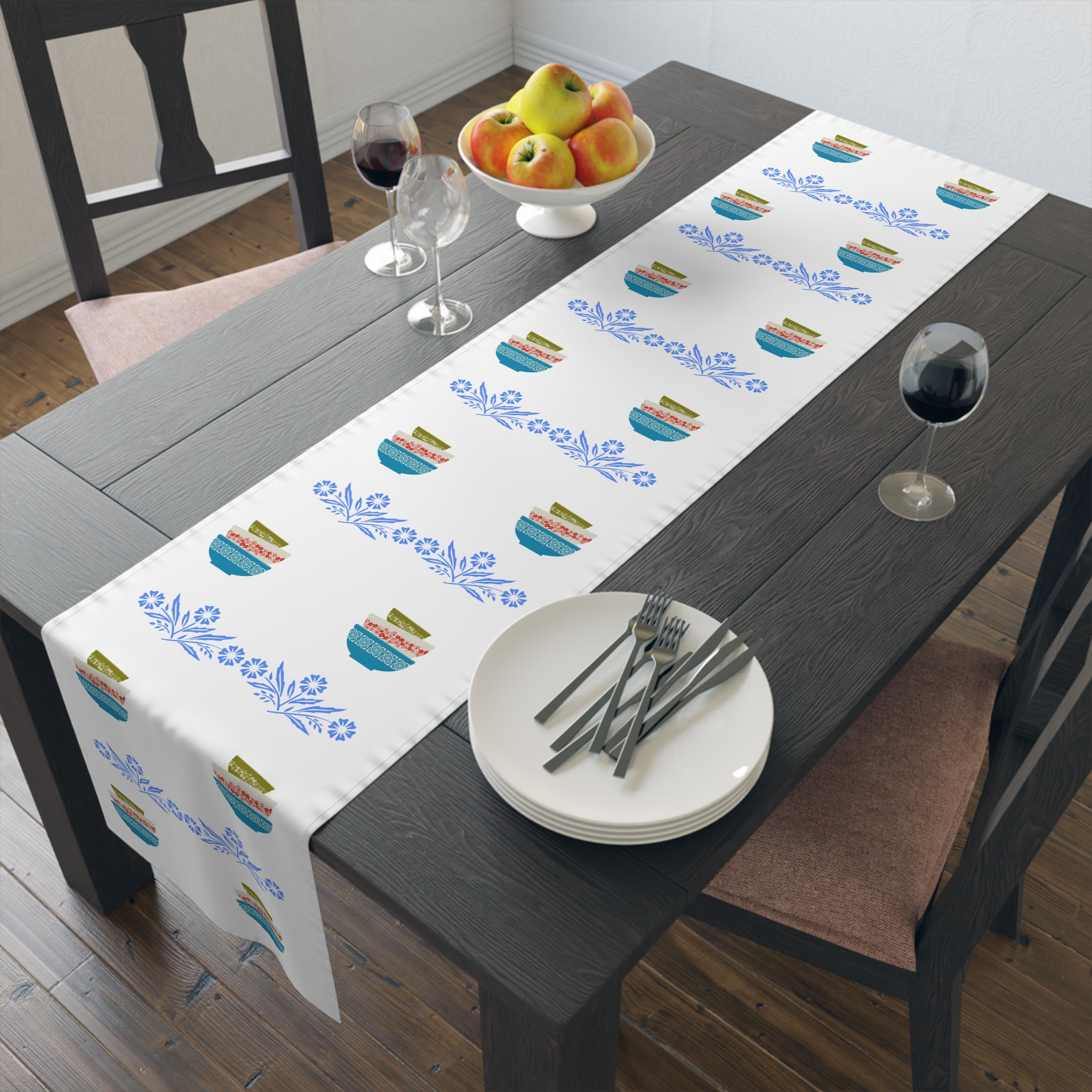 Pyrex Lover, Blue Cornflower, Kitschy 50s Pyrex Collector Kitchen Dining Room Table Runner - Mid Century Modern Gal