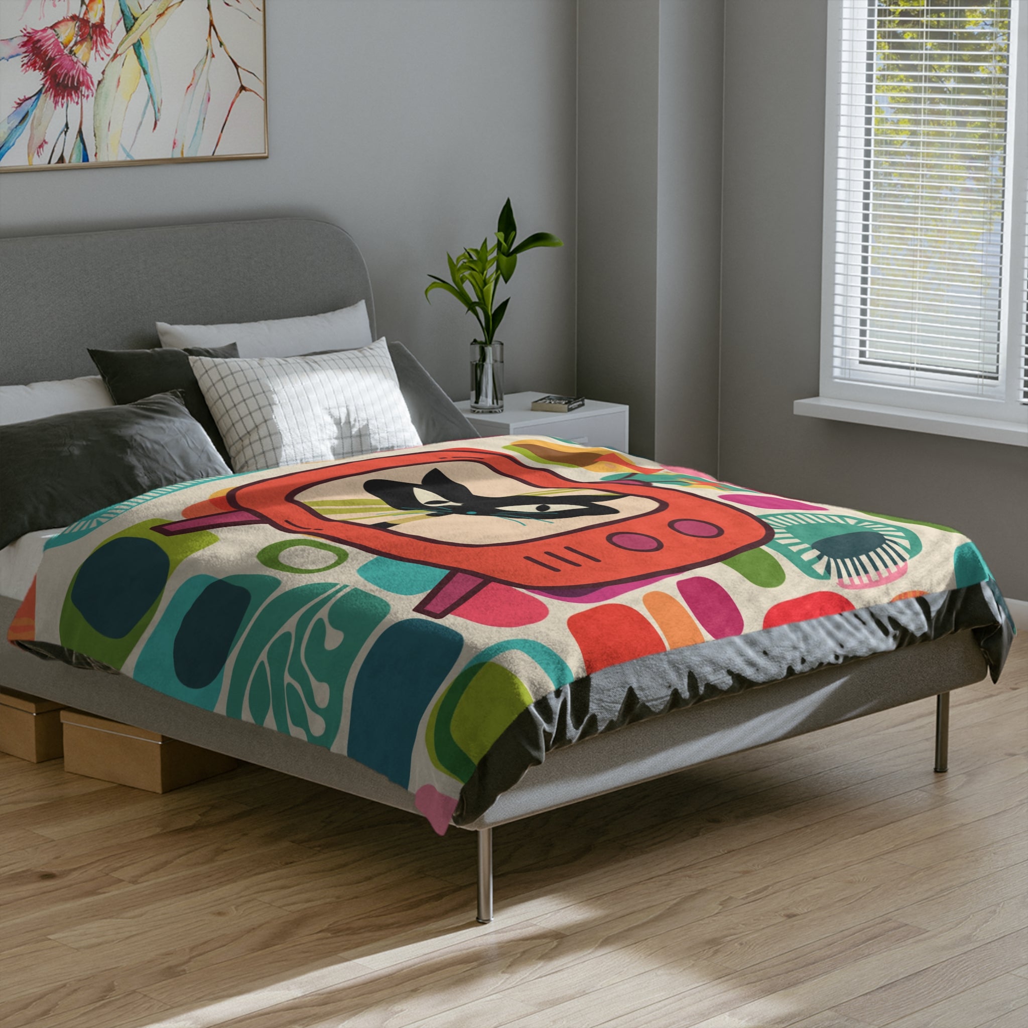 Mid Century Modern Amoeba Designed Atomic Cat Retro Mod Velveteen Microfiber Blanket - Mid Century Modern Gal