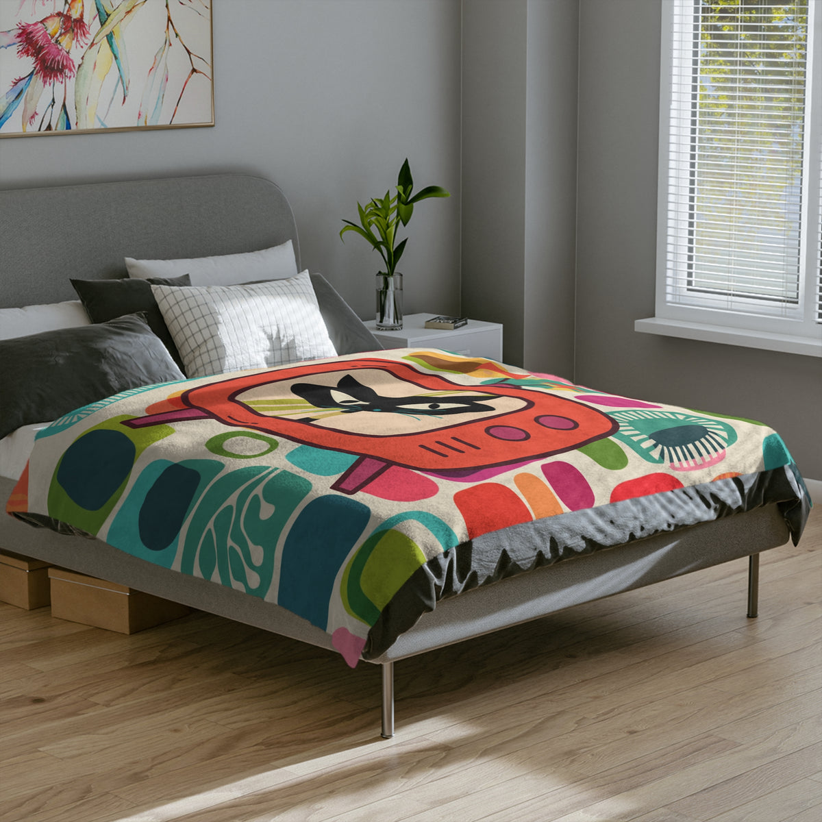 Mid Century Modern Amoeba Designed Atomic Cat Retro Mod Velveteen Microfiber Blanket - Mid Century Modern Gal