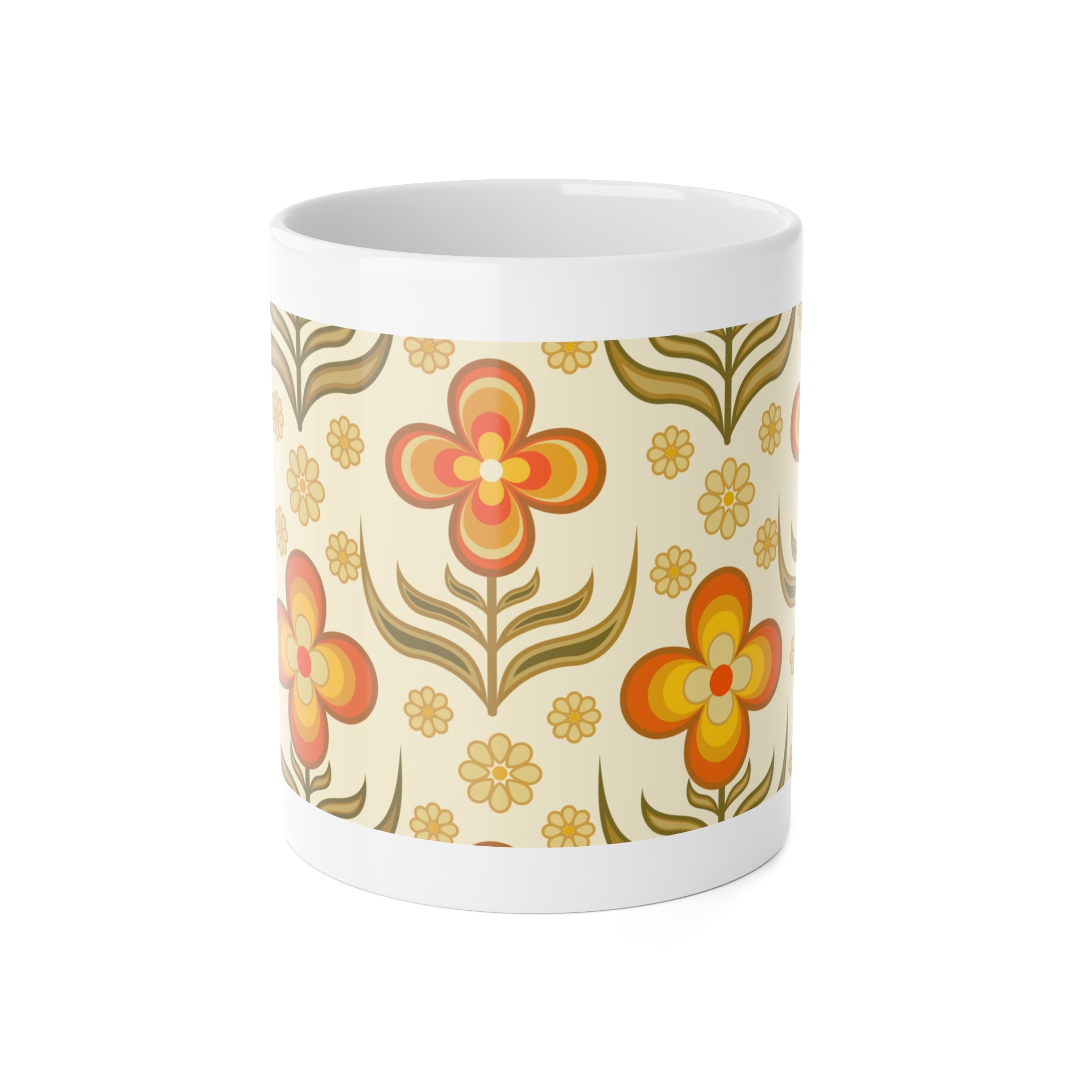 70s Flower Power, Daily Cup of Retro White Ceramic Mug, 11oz - Mid Century Modern Gal