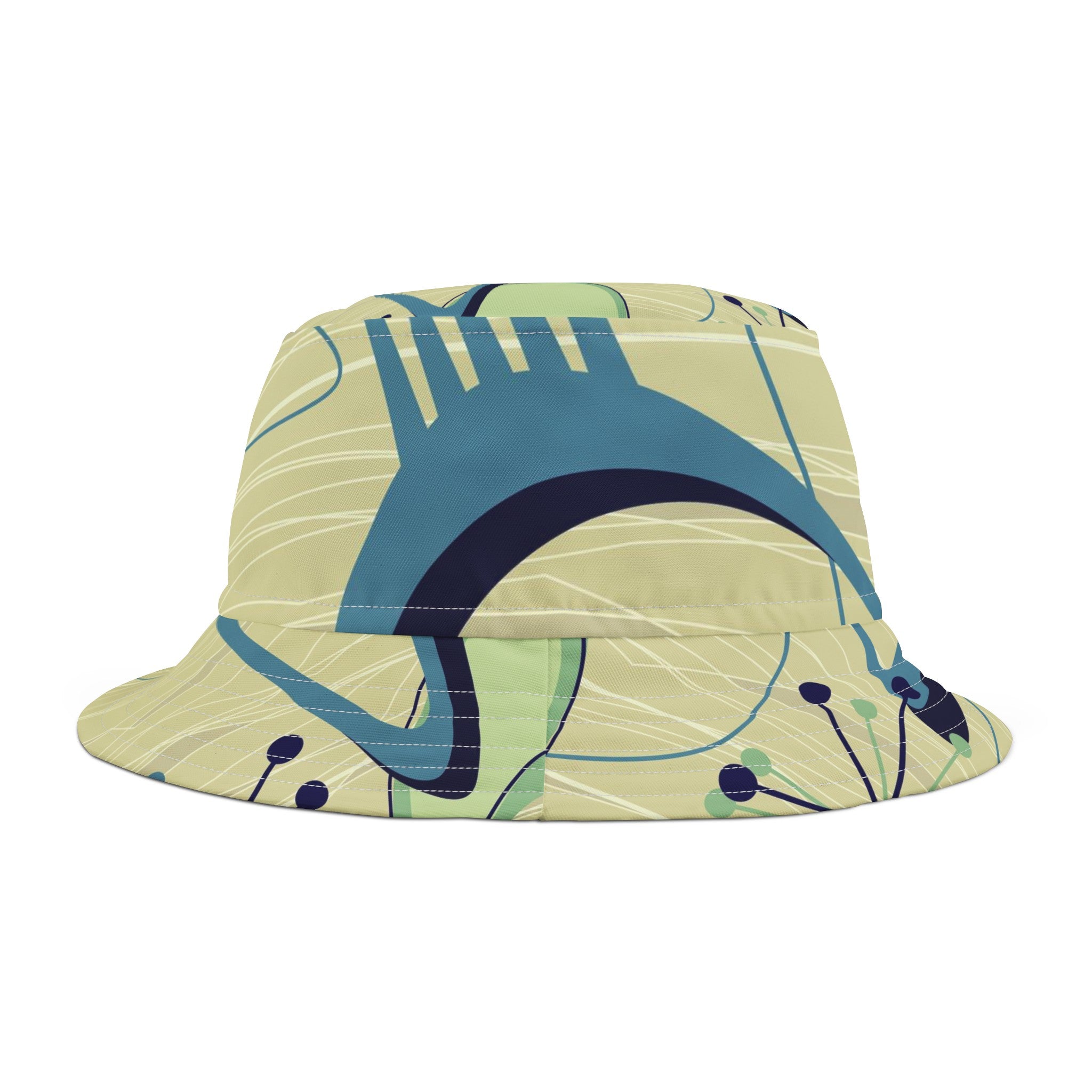 Atomic Space Retro Unisex Bucket Hat, Green, Blue Boomerang Starbursts Mod Hat - Mid Century Modern Gal