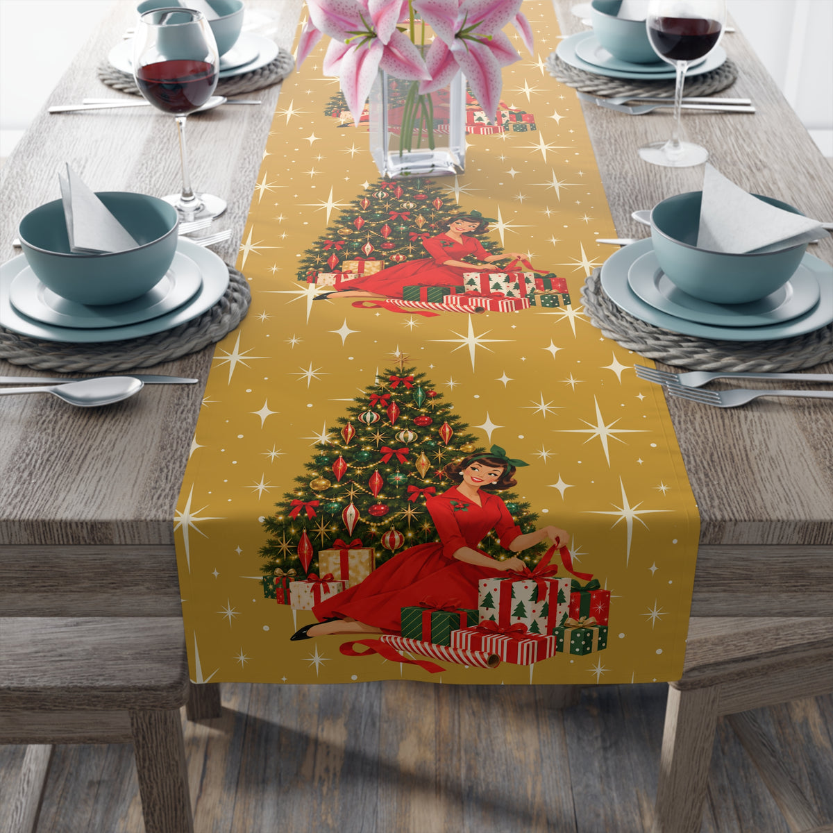 Mid Century Modern Christmas Glamour Gal Wrapping Presents by Tree, Gold Atomic Starbursts Table Runner