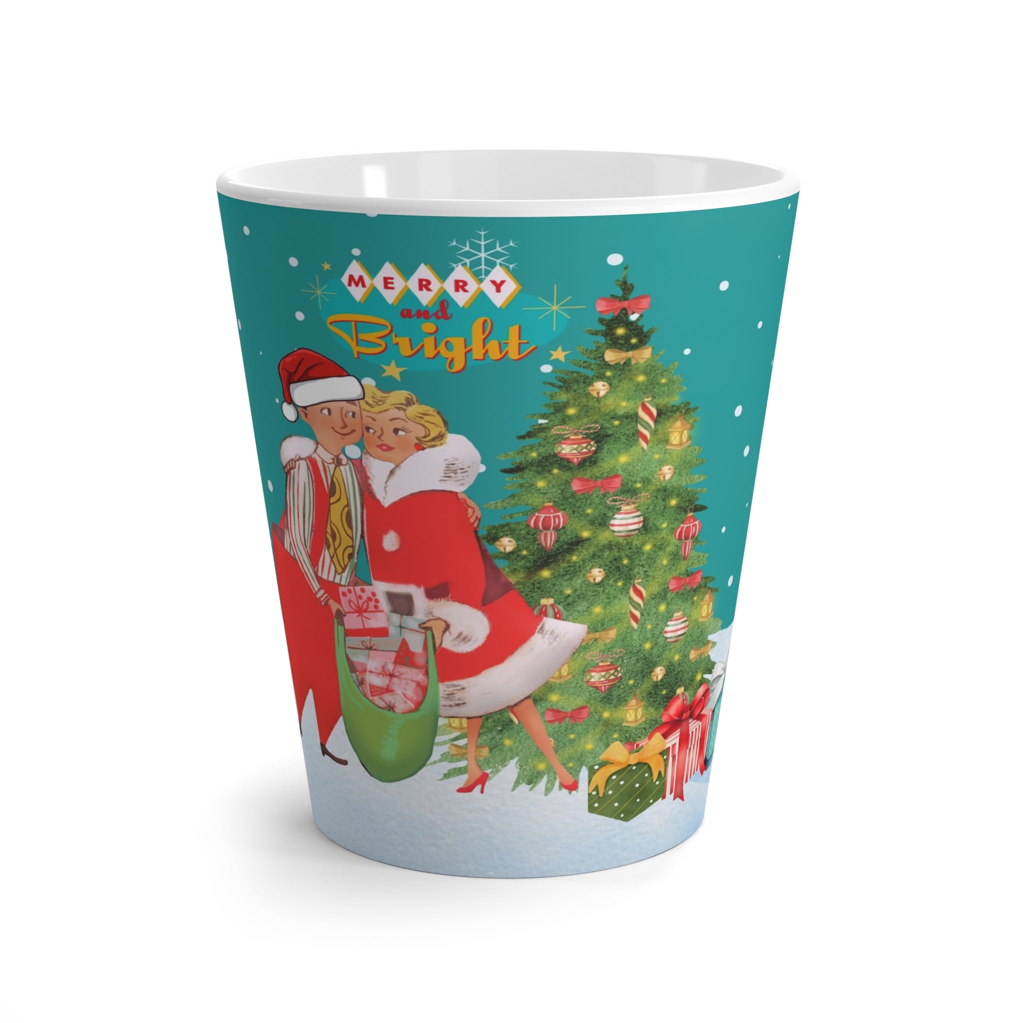 Merry and Bright Latte Mug, Festive Coffee Cup, Holiday Gift, Christmas Decor, Cheerful Drinkware, Winter Celebration Mug - Mid Century Modern Gal
