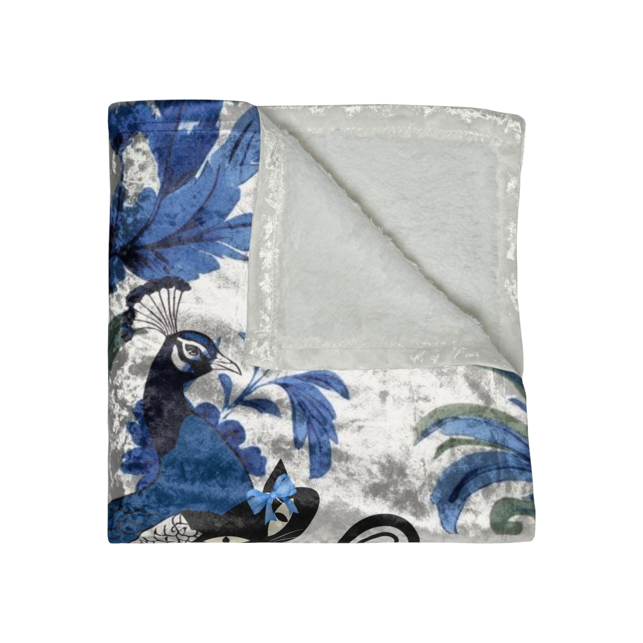Chinoiserie Elegant Peacock, Atomic Cat Crushed Velvet Blanket - Luxurious Throw for Home Décor - Mid Century Modern Gal