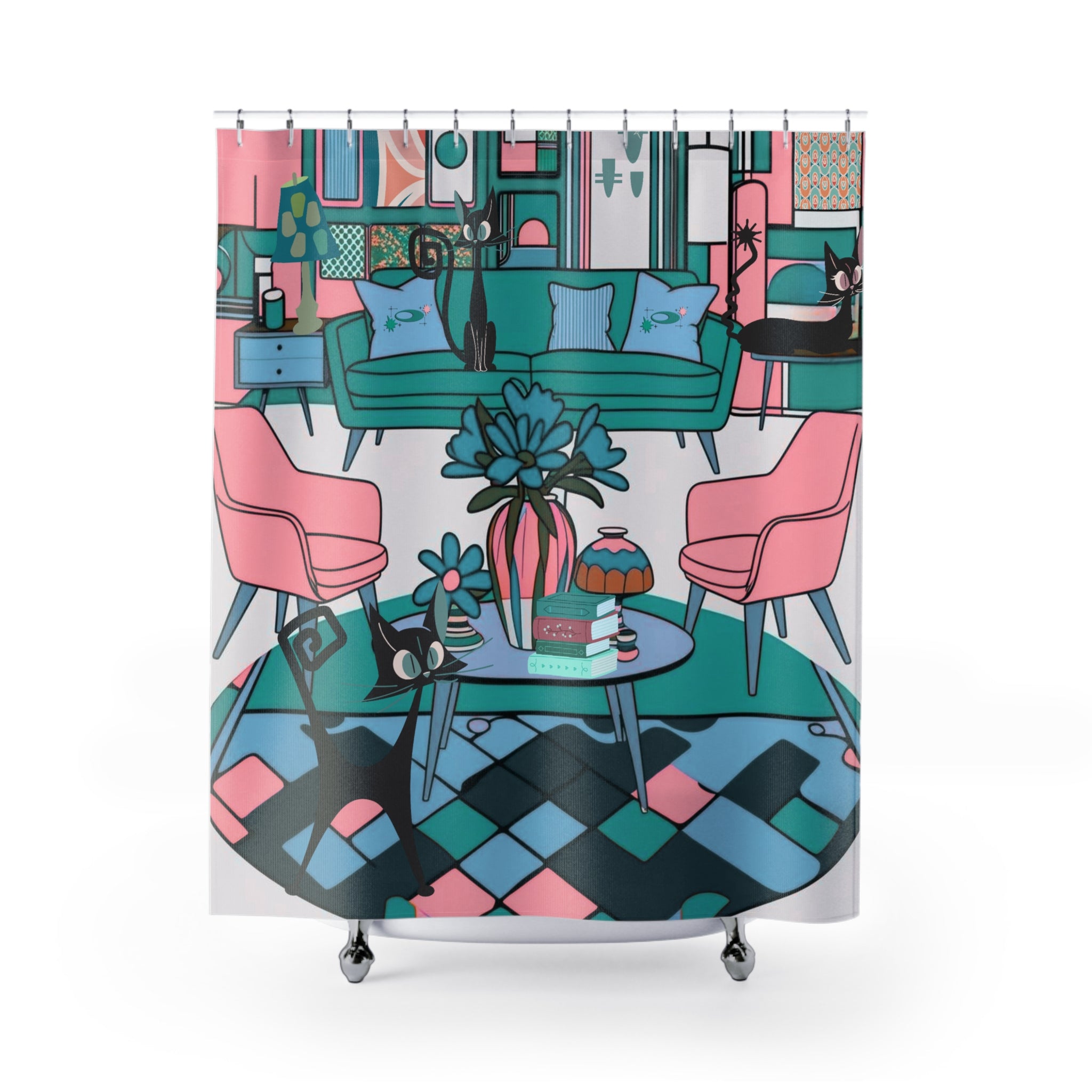 Atomic Cat Mid Century Modern Quirky Whimiscal Cat-Themed Shower Curtain for Trendy Home Décor - Mid Century Modern Gal