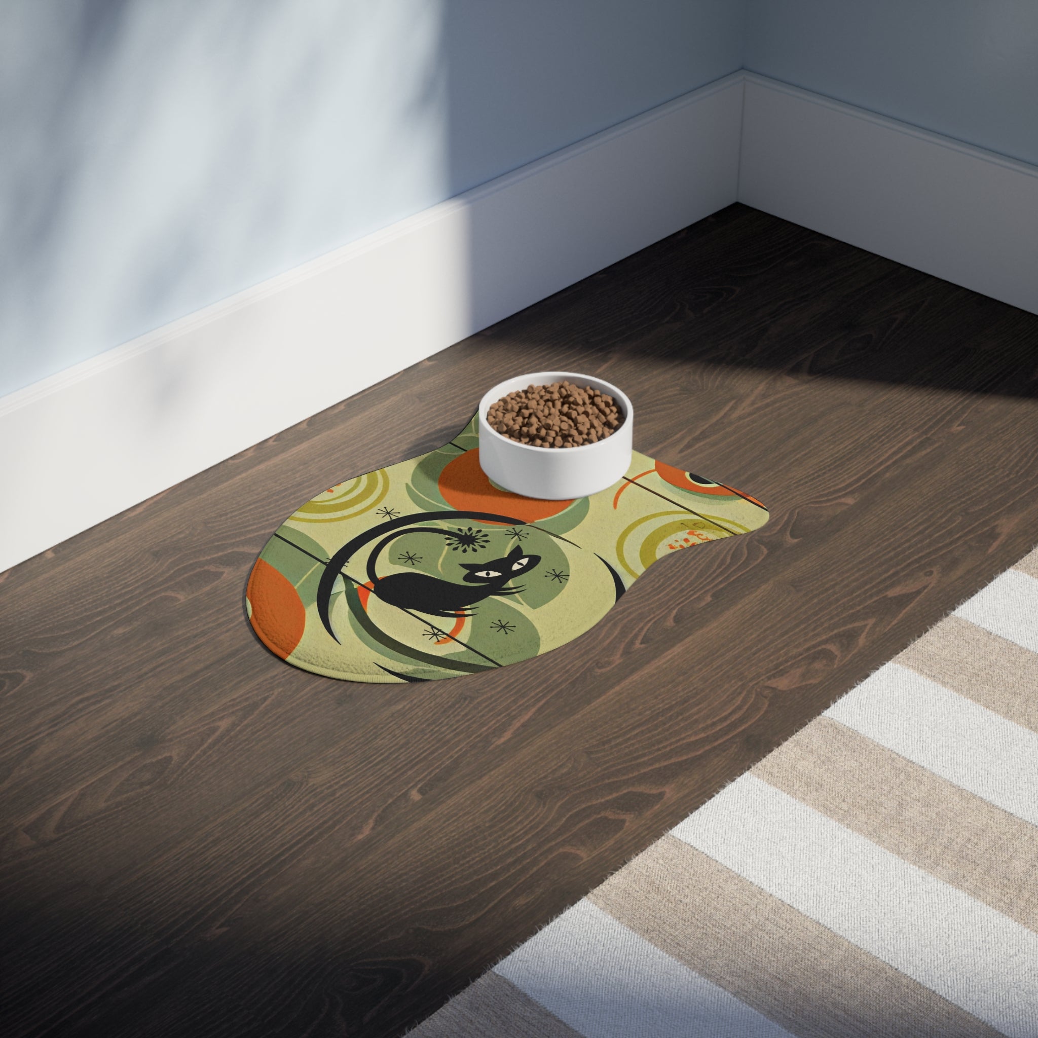 Cat Feeding Mat, Mid Mod Green, Orange Mid Century Modern Design Retro Pet Feeding Mats - Mid Century Modern Gal